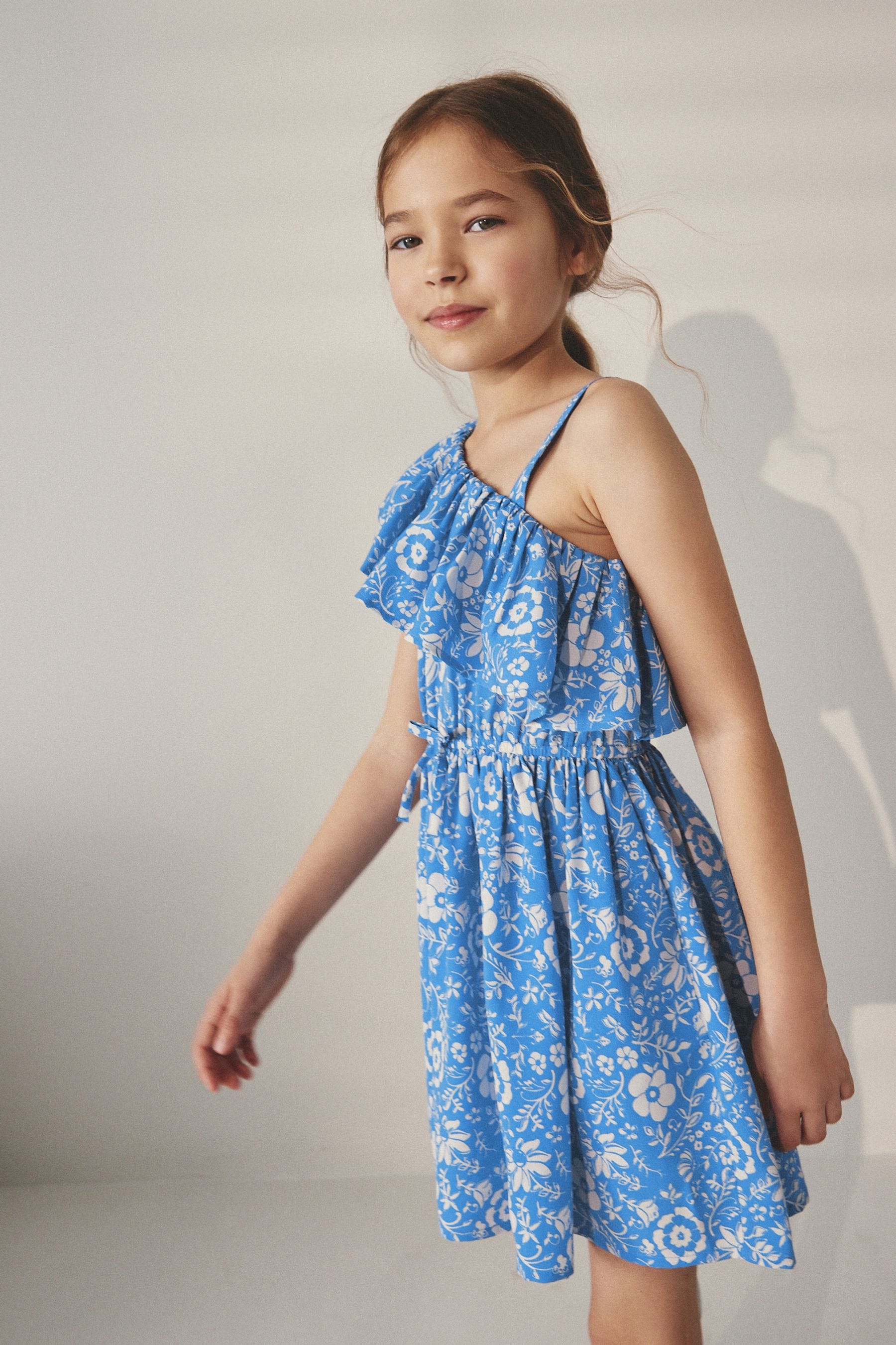 Blue Floral One Shoulder Dress (3-16yrs)