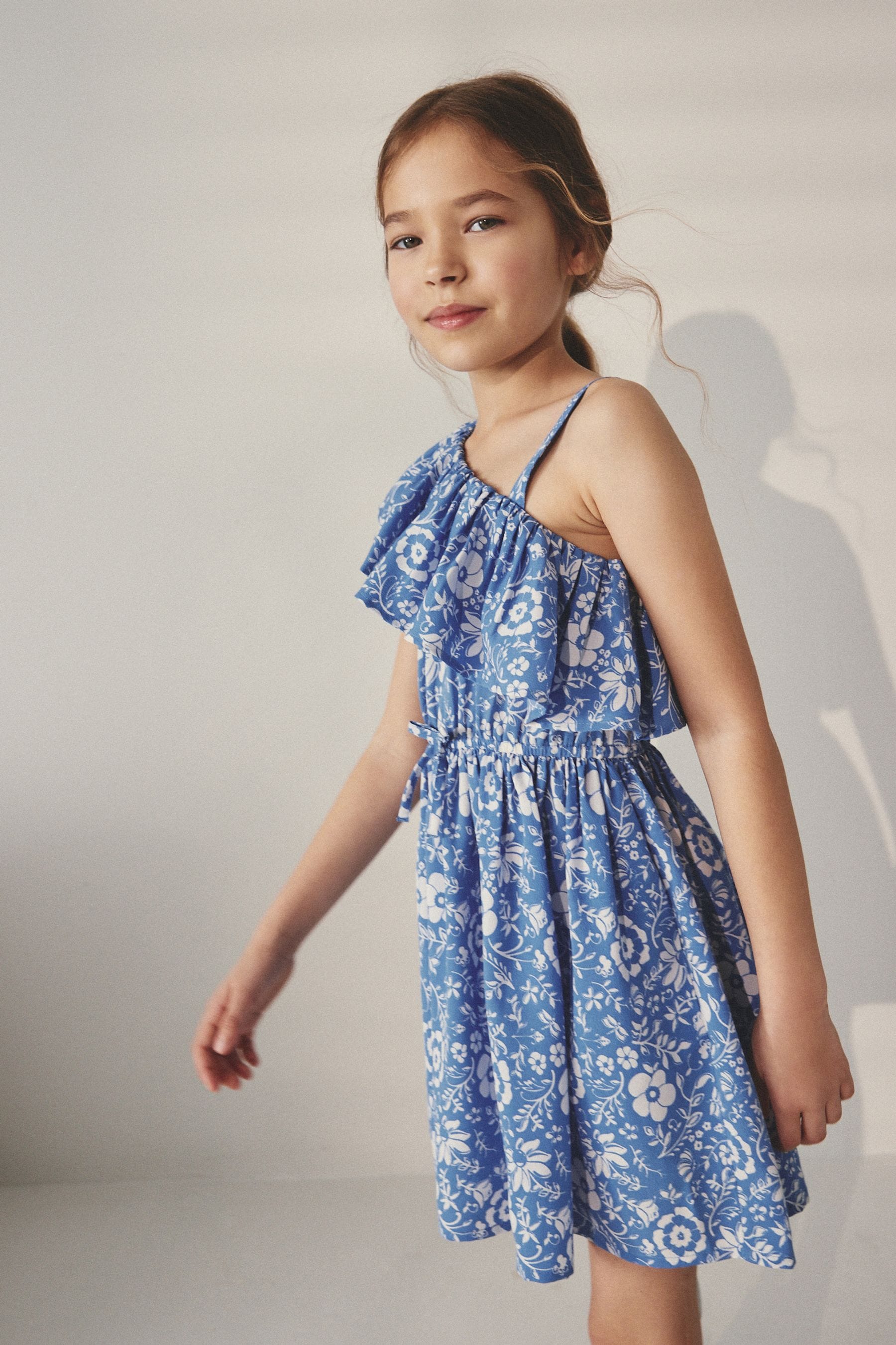 Blue Floral One Shoulder Dress (3-16yrs)