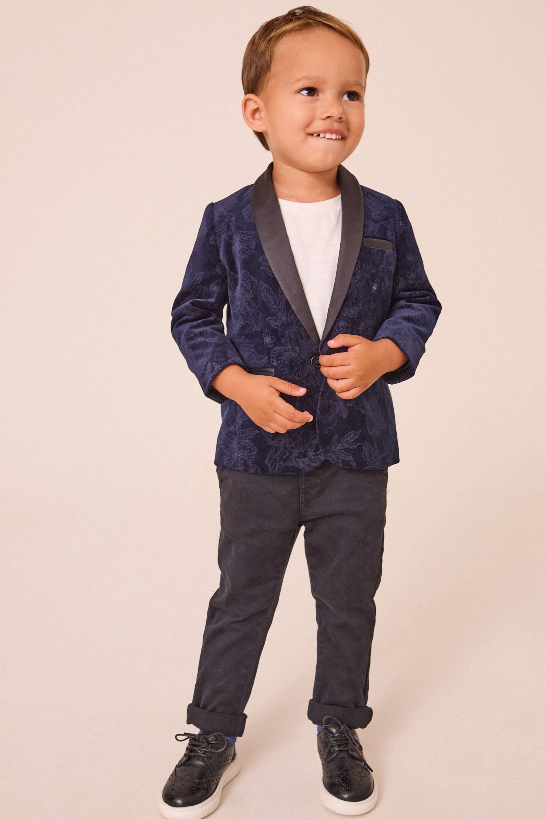 Navy Blue Floral Velvet 100% Cotton Blazer (3mths-9yrs)