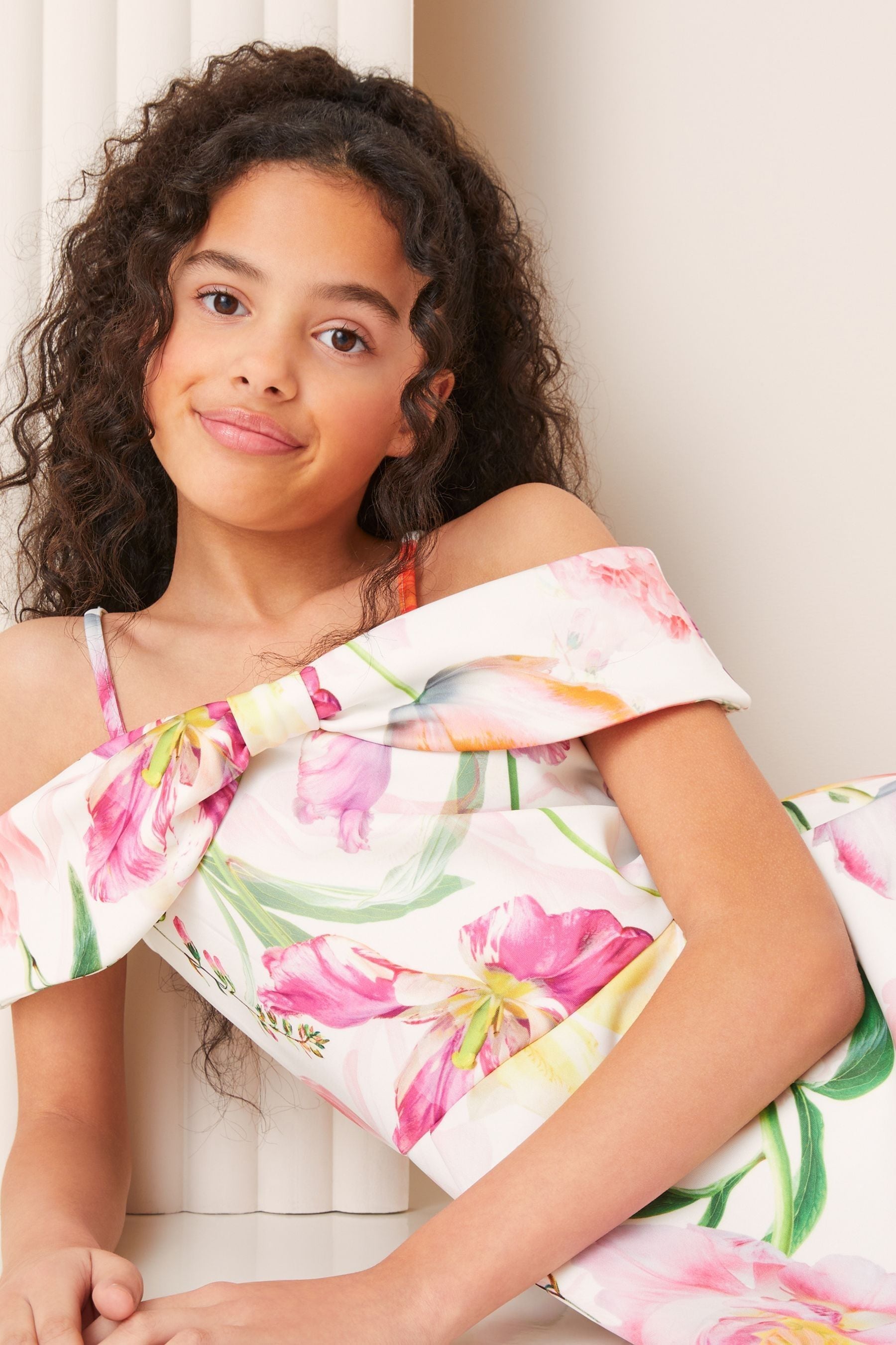 White Floral Cold Shoulder Bow Skater Dress (5-16yrs)