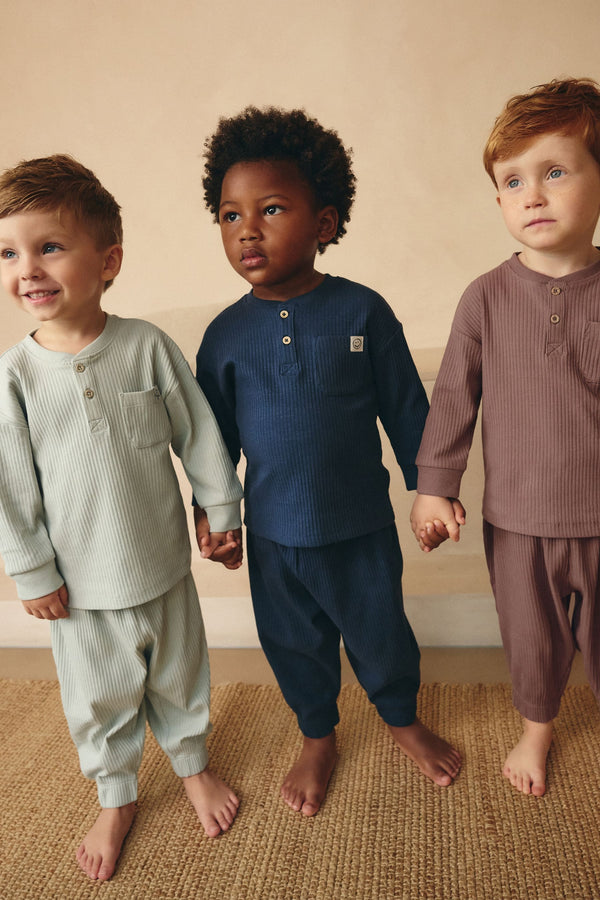 Navy/Camel Plain Relaxed Fit Rib Grandad Collar Pyjamas (9mths-12yrs)