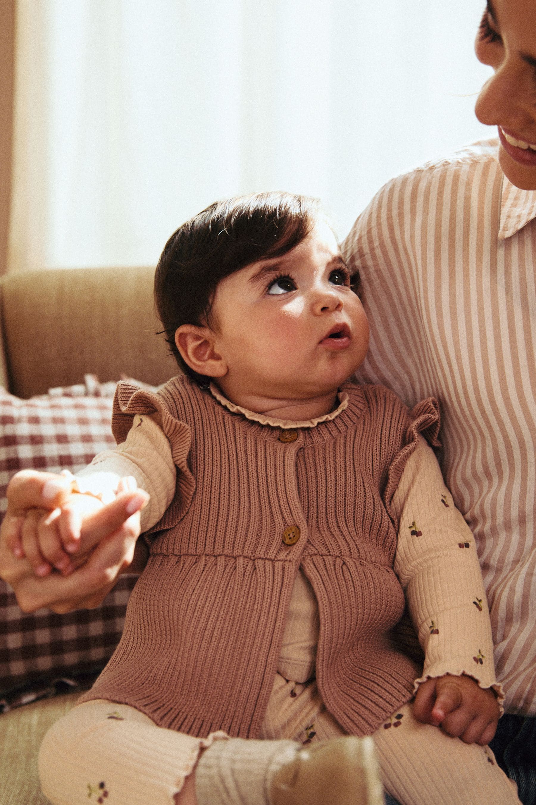 Rust Brown/ Beige Ditsy Print Baby 100% Cotton Long Sleeve Top Knitted Waistcoat and Leggings Set 3 Piece (0mths-2yrs)