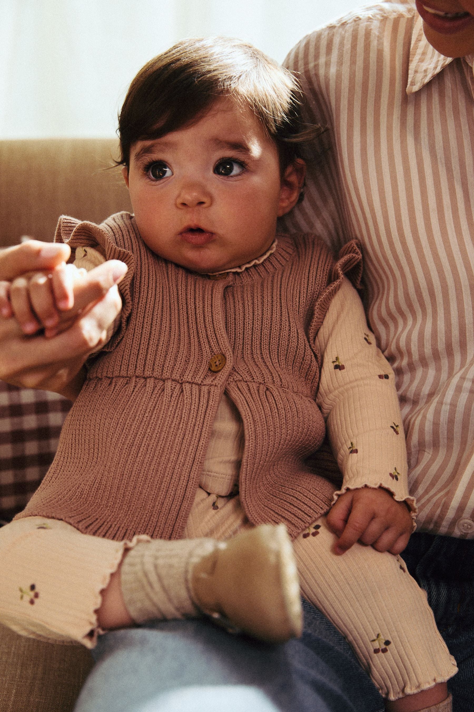 Rust Brown/ Beige Ditsy Print Baby 100% Cotton Long Sleeve Top Knitted Waistcoat and Leggings Set 3 Piece (0mths-2yrs)