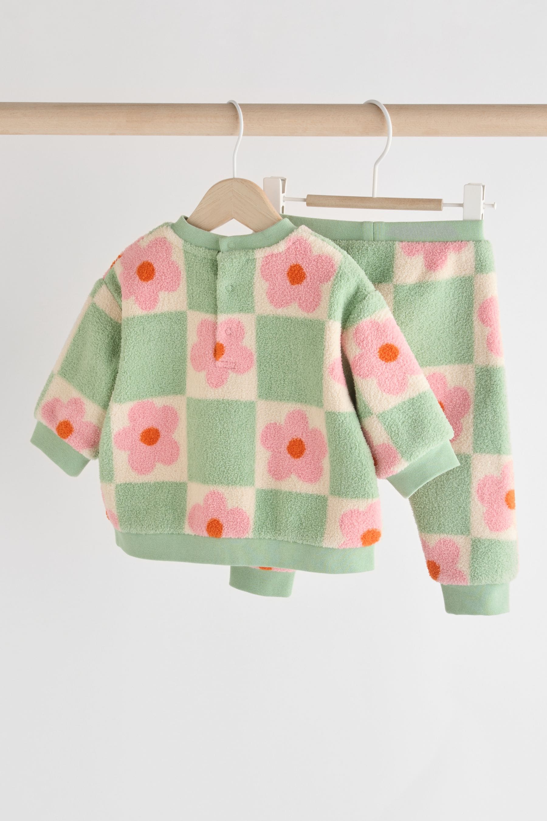 Green/Pink Checkerboard Flowers Cosy Fleece Baby Jumper & Joggers Set