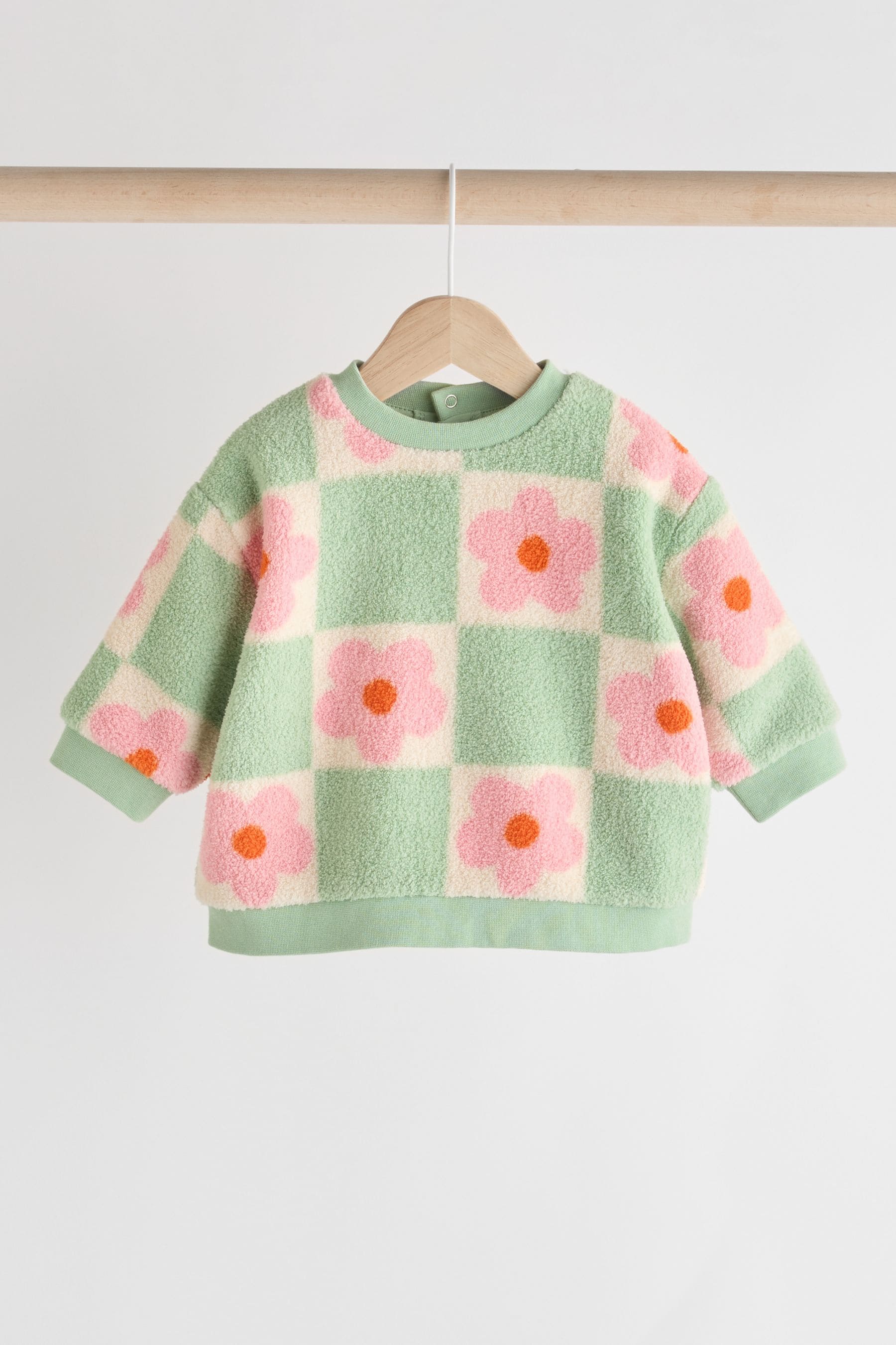 Green/Pink Checkerboard Flowers Cosy Fleece Baby Jumper & Joggers Set