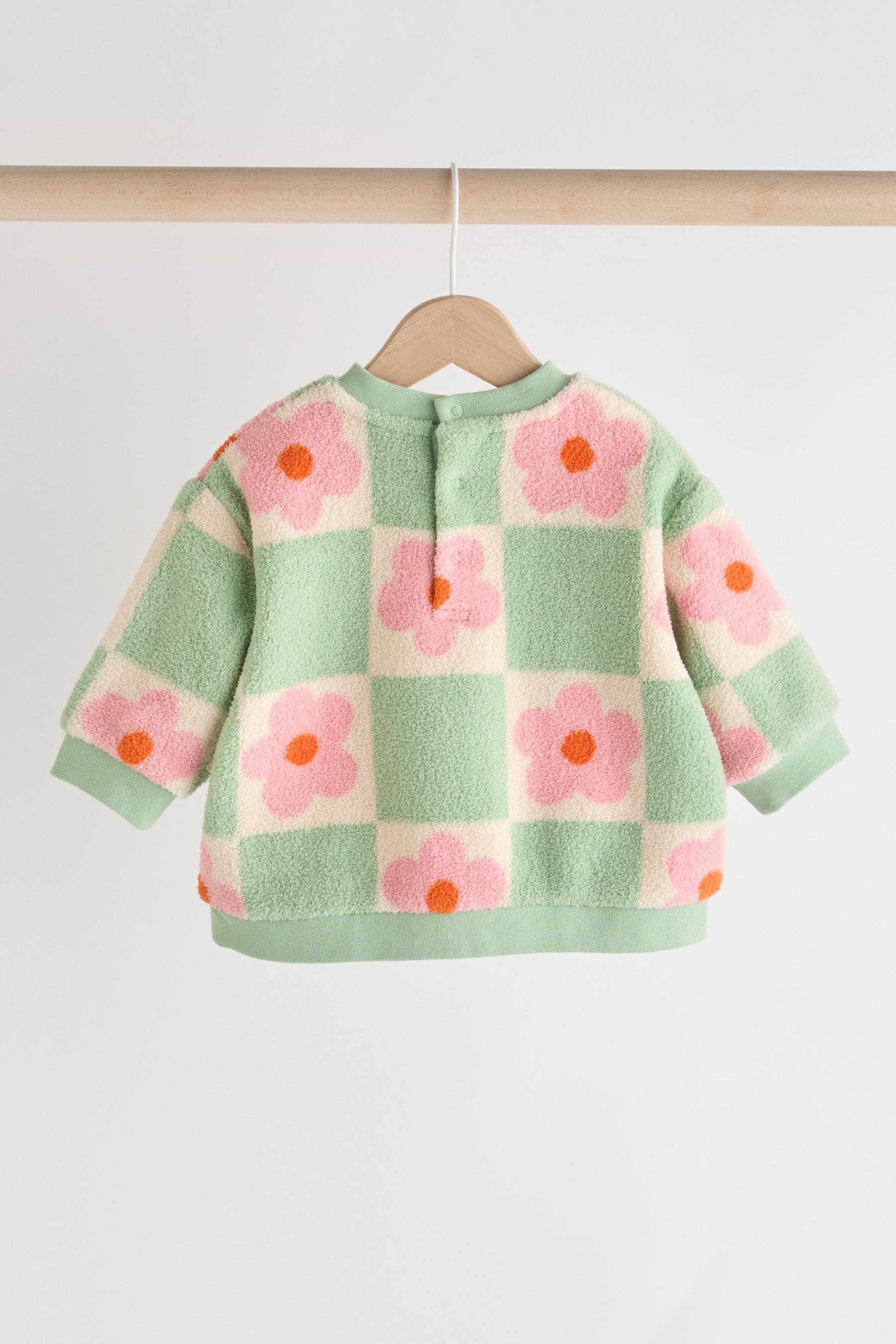 Green/Pink Checkerboard Flowers Cosy Fleece Baby Jumper & Joggers Set