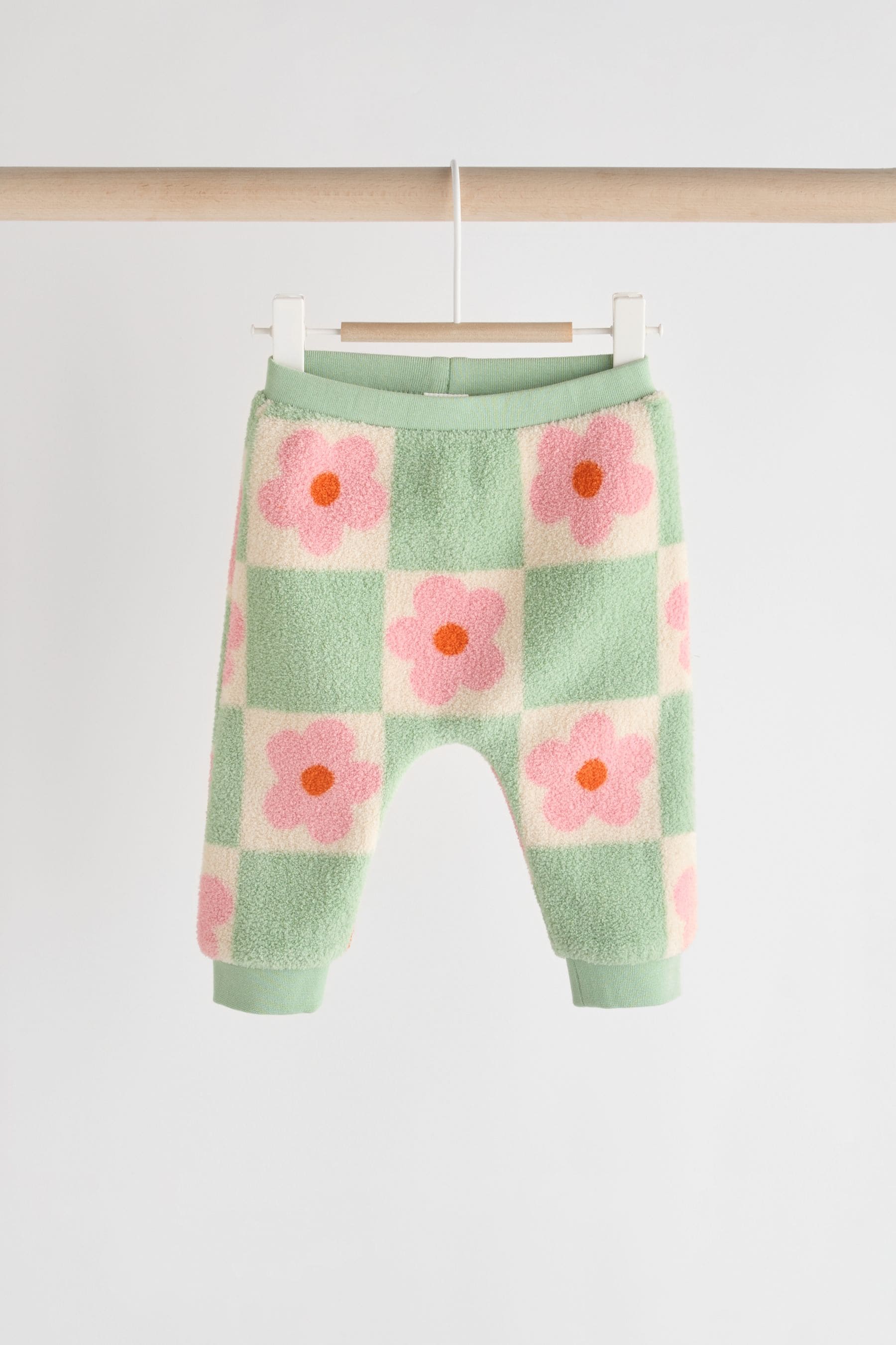 Green/Pink Checkerboard Flowers Cosy Fleece Baby Jumper & Joggers Set