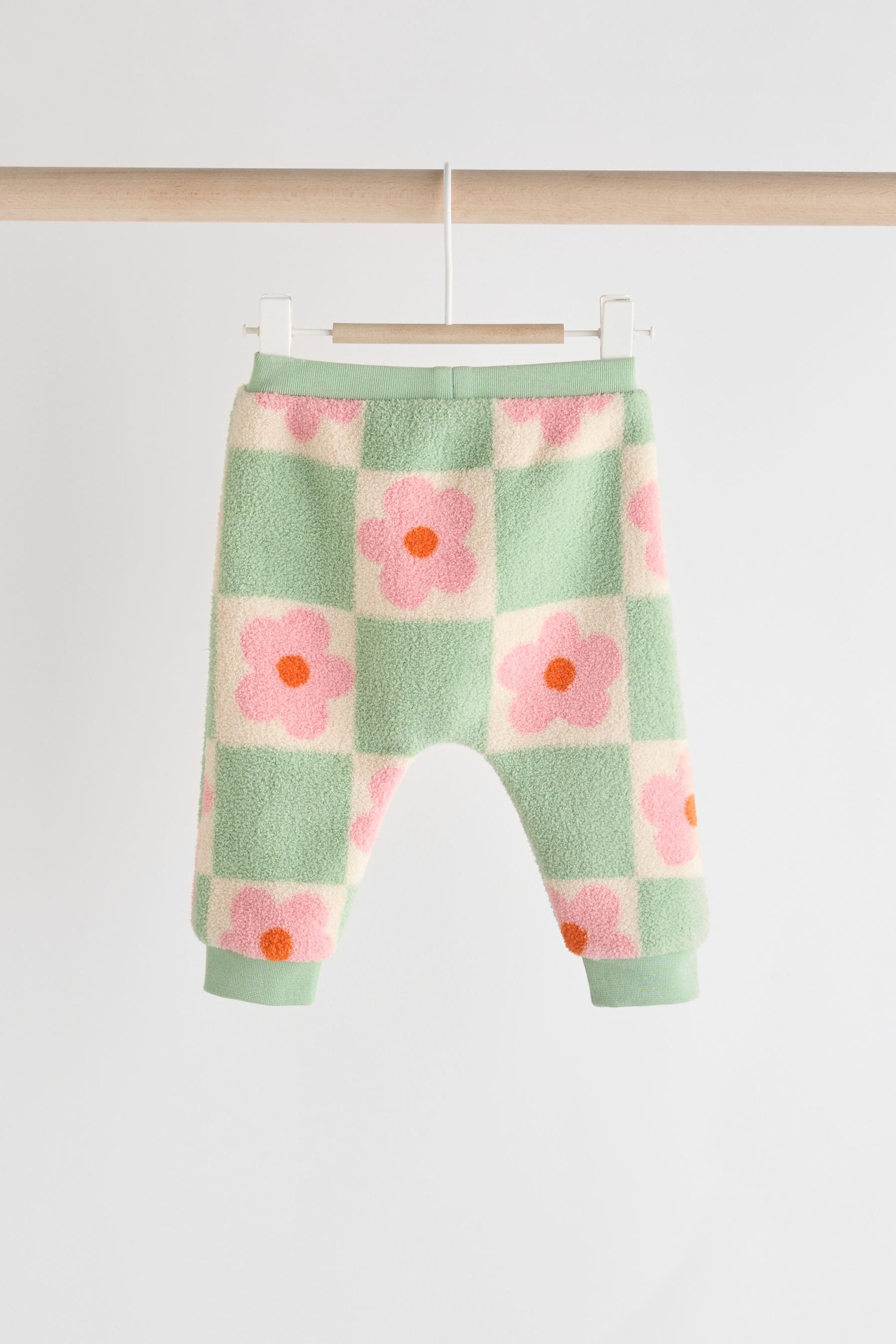 Green/Pink Checkerboard Flowers Cosy Fleece Baby Jumper & Joggers Set