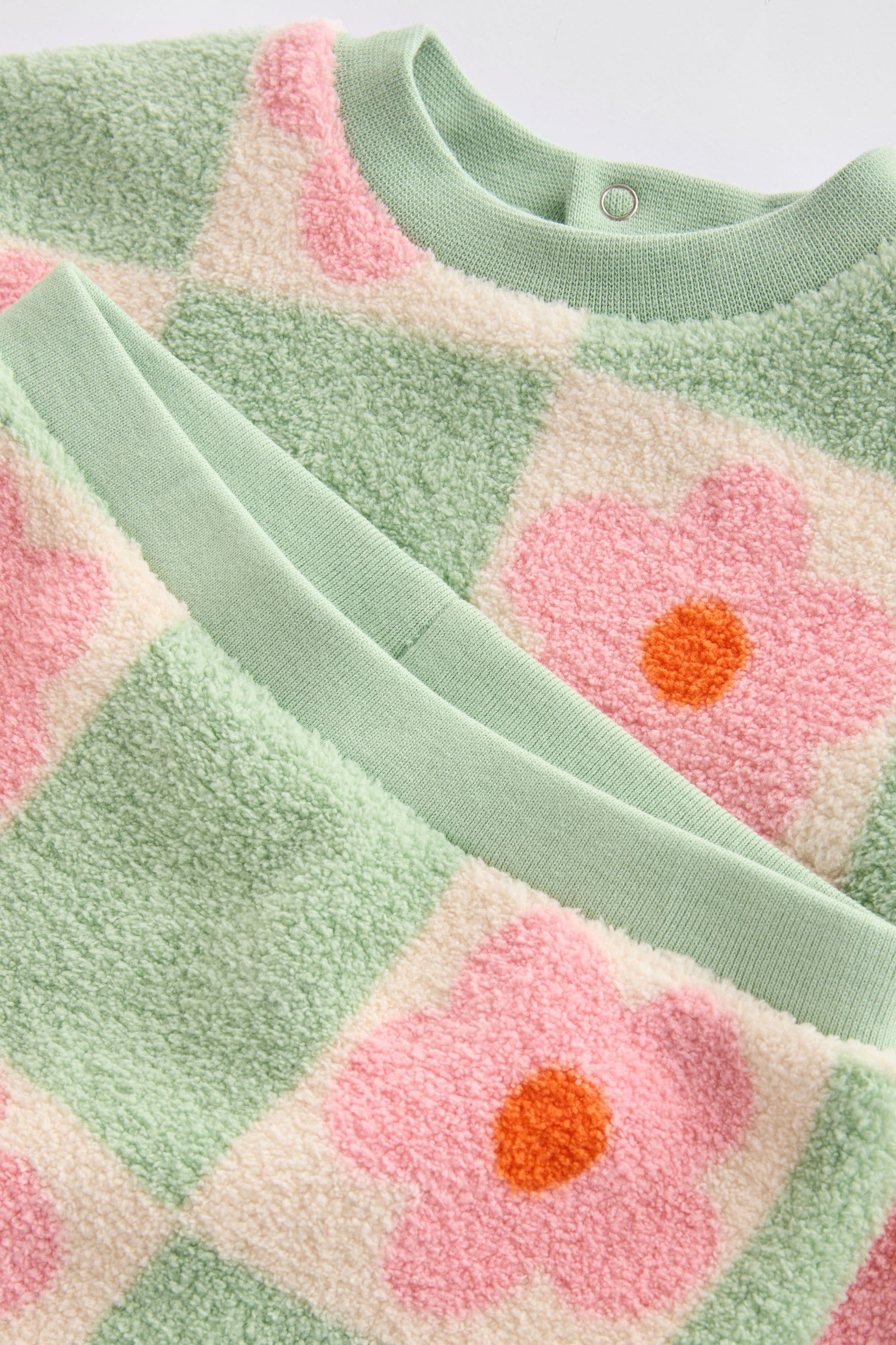 Green/Pink Checkerboard Flowers Cosy Fleece Baby Jumper & Joggers Set