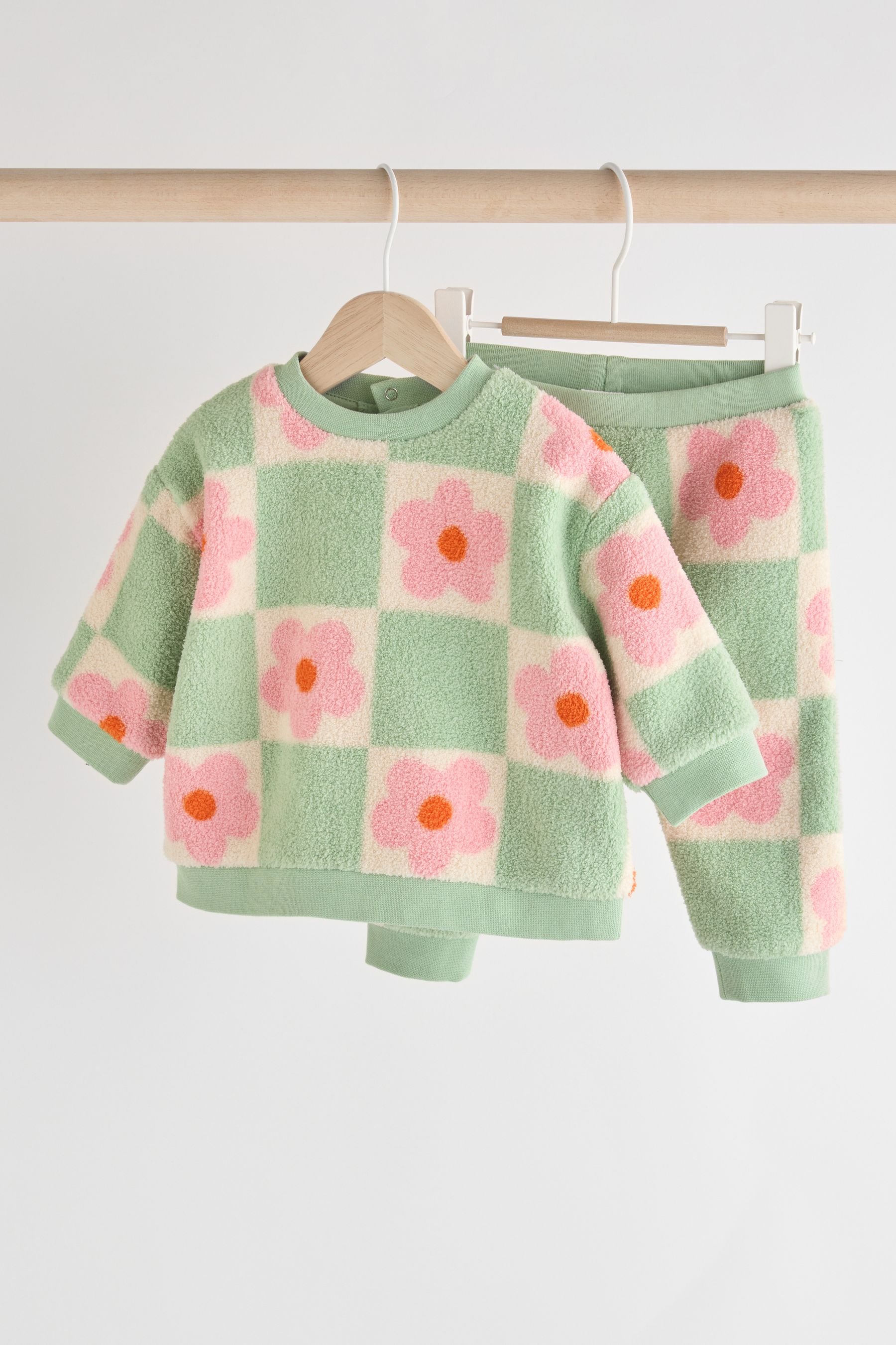 Green/Pink Checkerboard Flowers Cosy Fleece Baby Jumper & Joggers Set