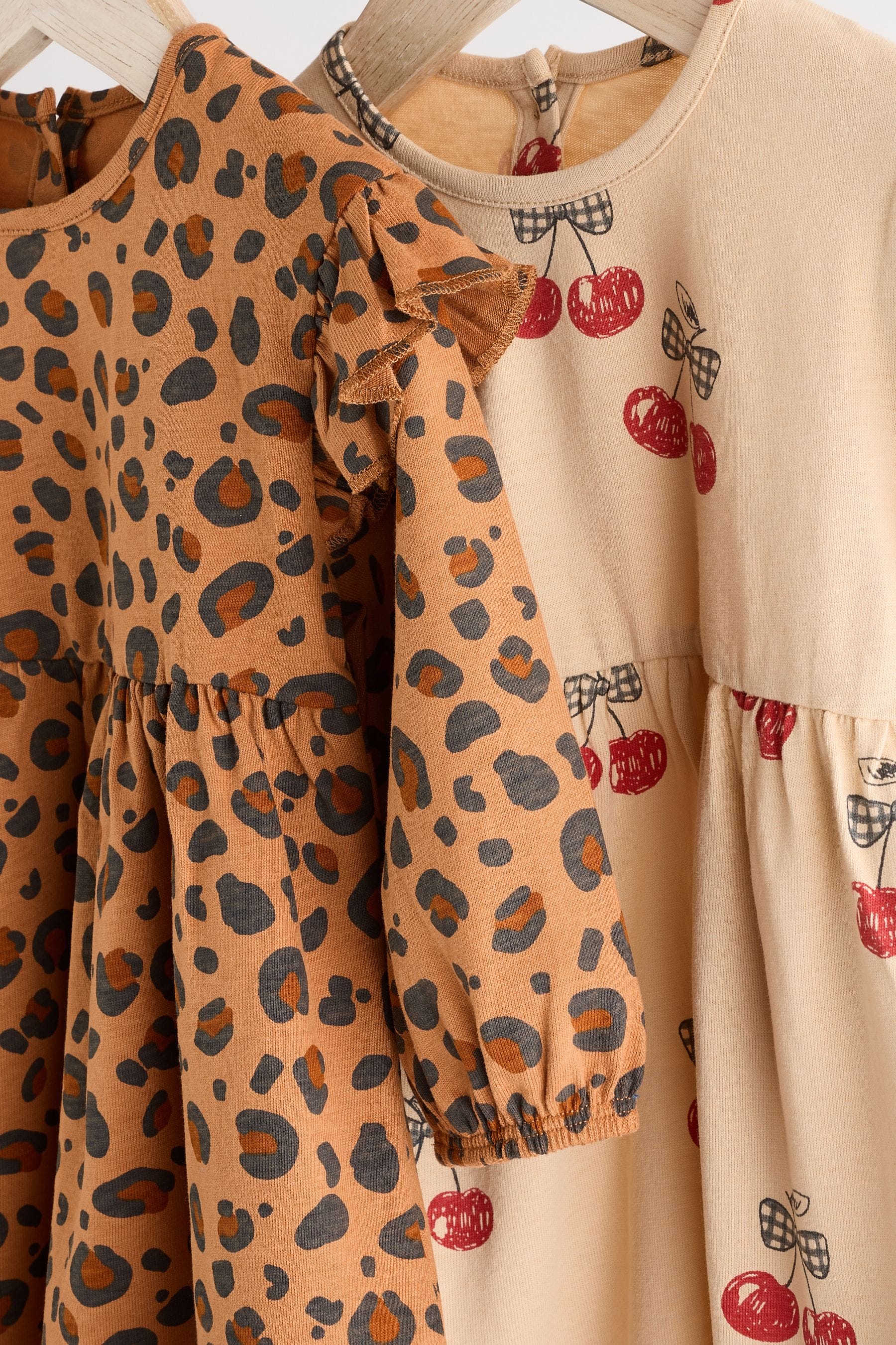 Tan Brown/ Cream Cherry & Animal Print Baby Jersey 100% Cotton Dresses 2 Pack (0mths-2yrs)