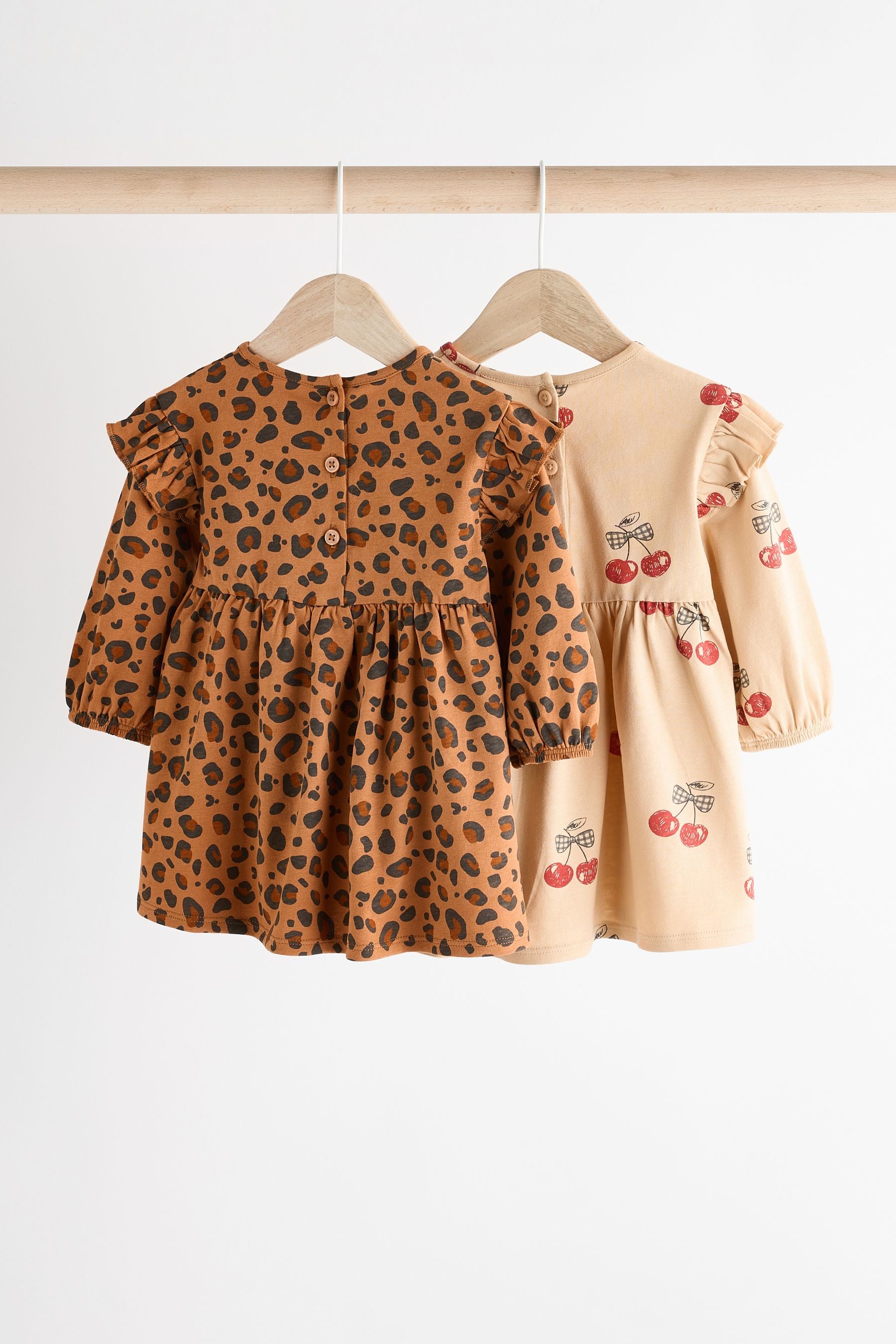 Tan Brown/ Cream Cherry & Animal Print Baby Jersey 100% Cotton Dresses 2 Pack (0mths-2yrs)