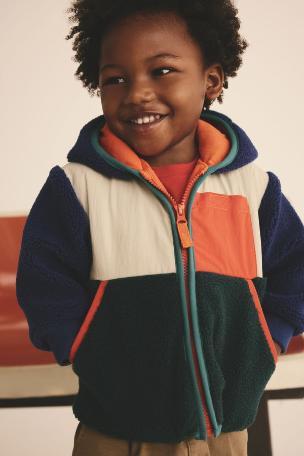 Blue/Green/Ecru Colourblock Fleece Zip Through Hooded Jacket (3mths-7yrs)