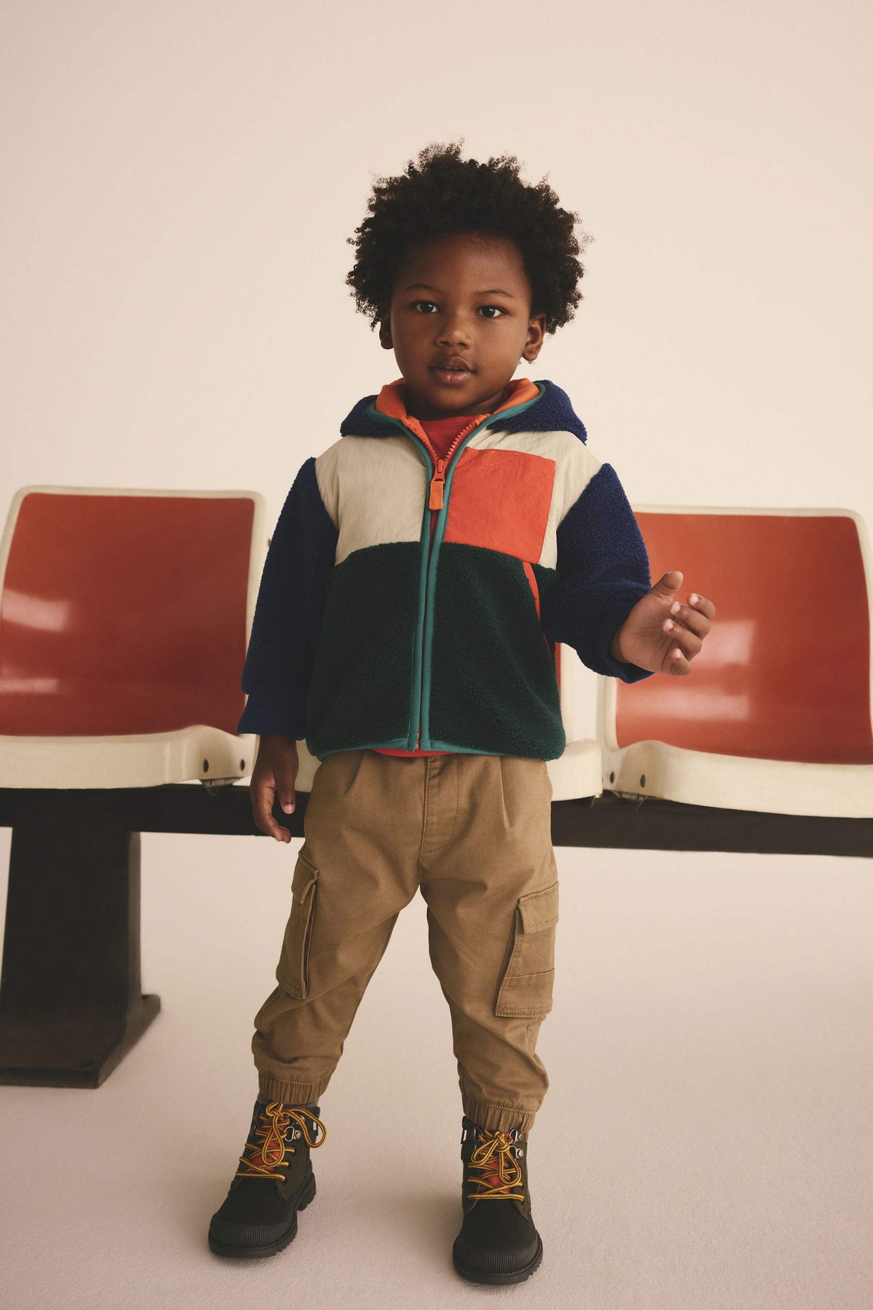 Blue/Green/Ecru Colourblock Fleece Zip Through Hooded Jacket (3mths-7yrs)