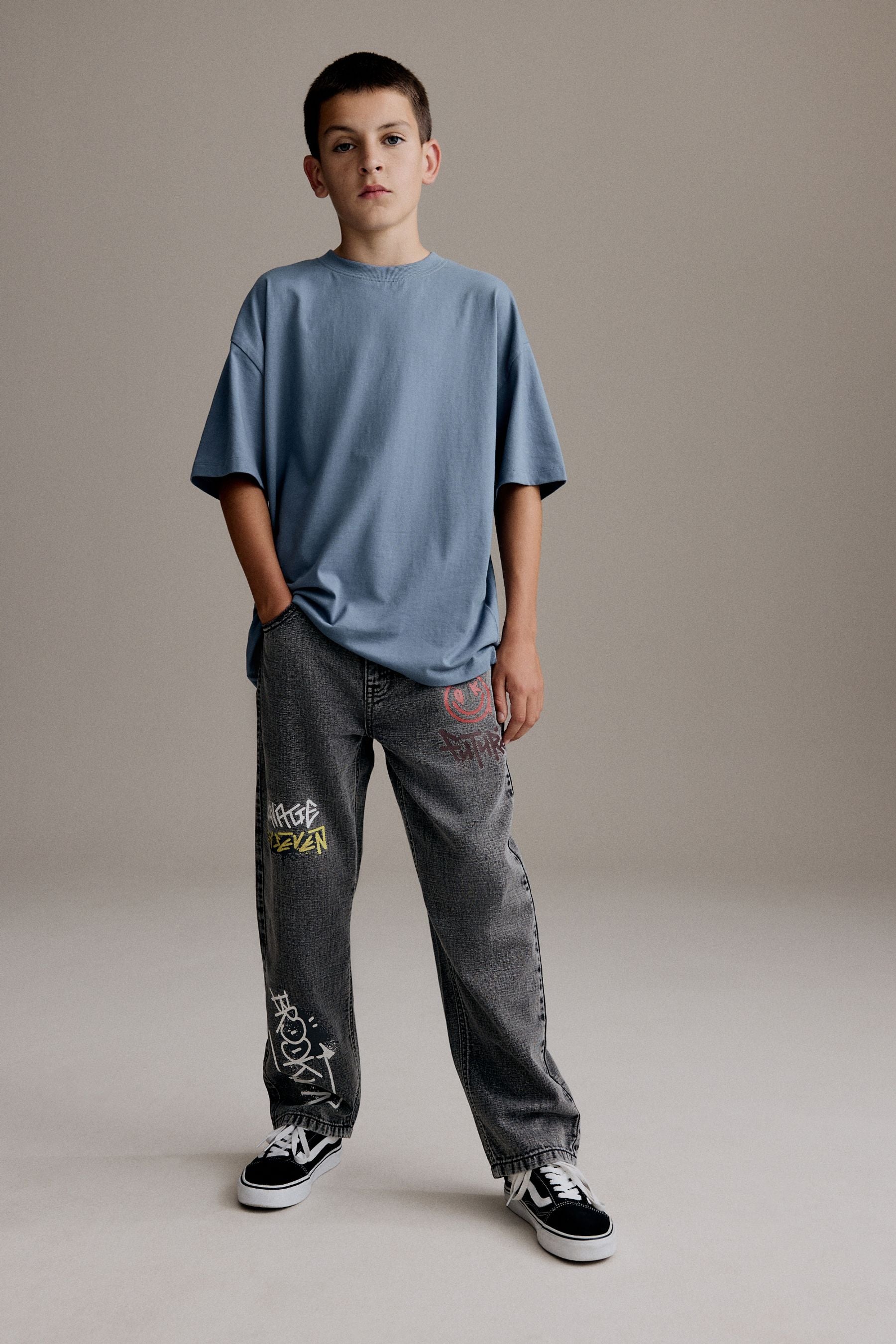 Grey 100% Cotton Graffitti Denim Jeans (3-16yrs)