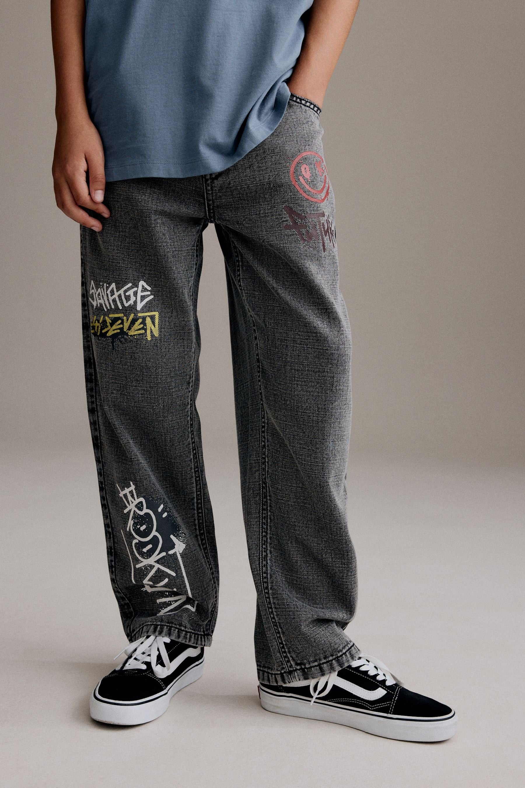 Grey 100% Cotton Graffitti Denim Jeans (3-16yrs)