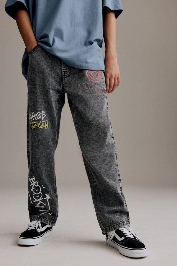 Grey 100% Cotton Graffitti Denim Jeans (3-16yrs)