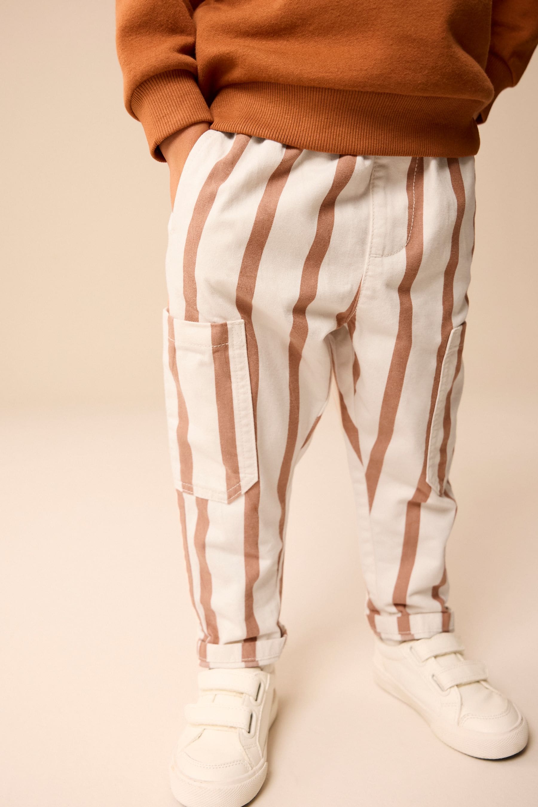 Rust/Ecru Stripe 100% Cotton Side Pocket Pull-On Trousers (3mths-7yrs)