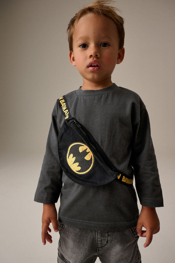 Black Batman 100% Cotton Long Sleeve Bumbag T-Shirt (3mths-8yrs)