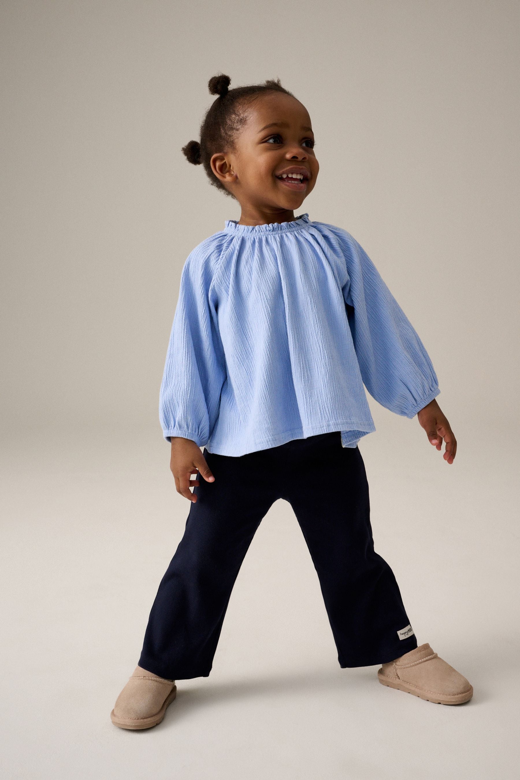 Blue Long Sleeve Gathered Neck Blouse (3mths-7yrs)