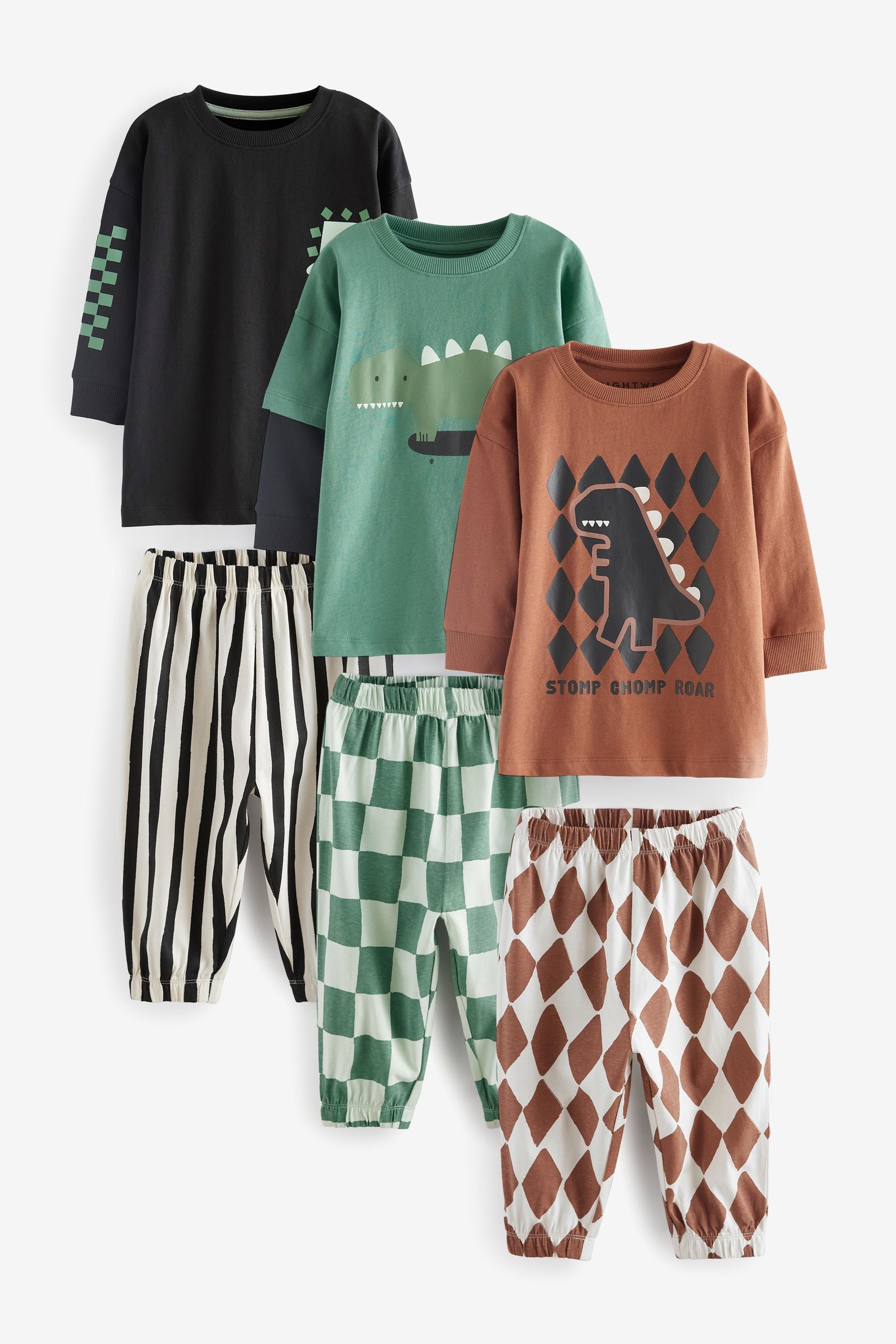 Green/Black/Rust Checkerboard Oversized 100% Cotton Pyjamas 3 Pack (9mths-10yrs)