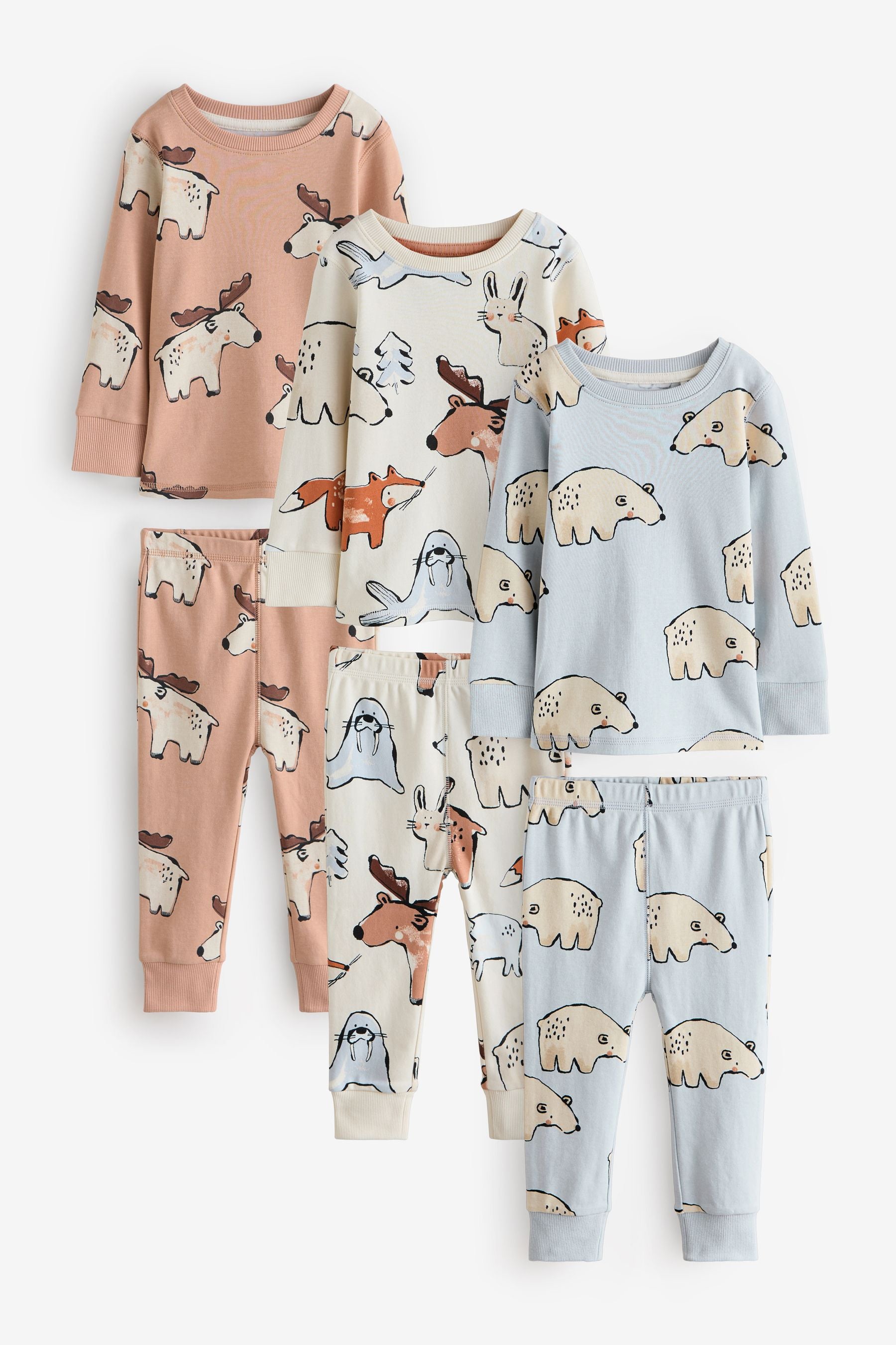 Multi Neutral Snuggle 100% Cotton Pyjamas 3 Pack (9mths-10yrs)