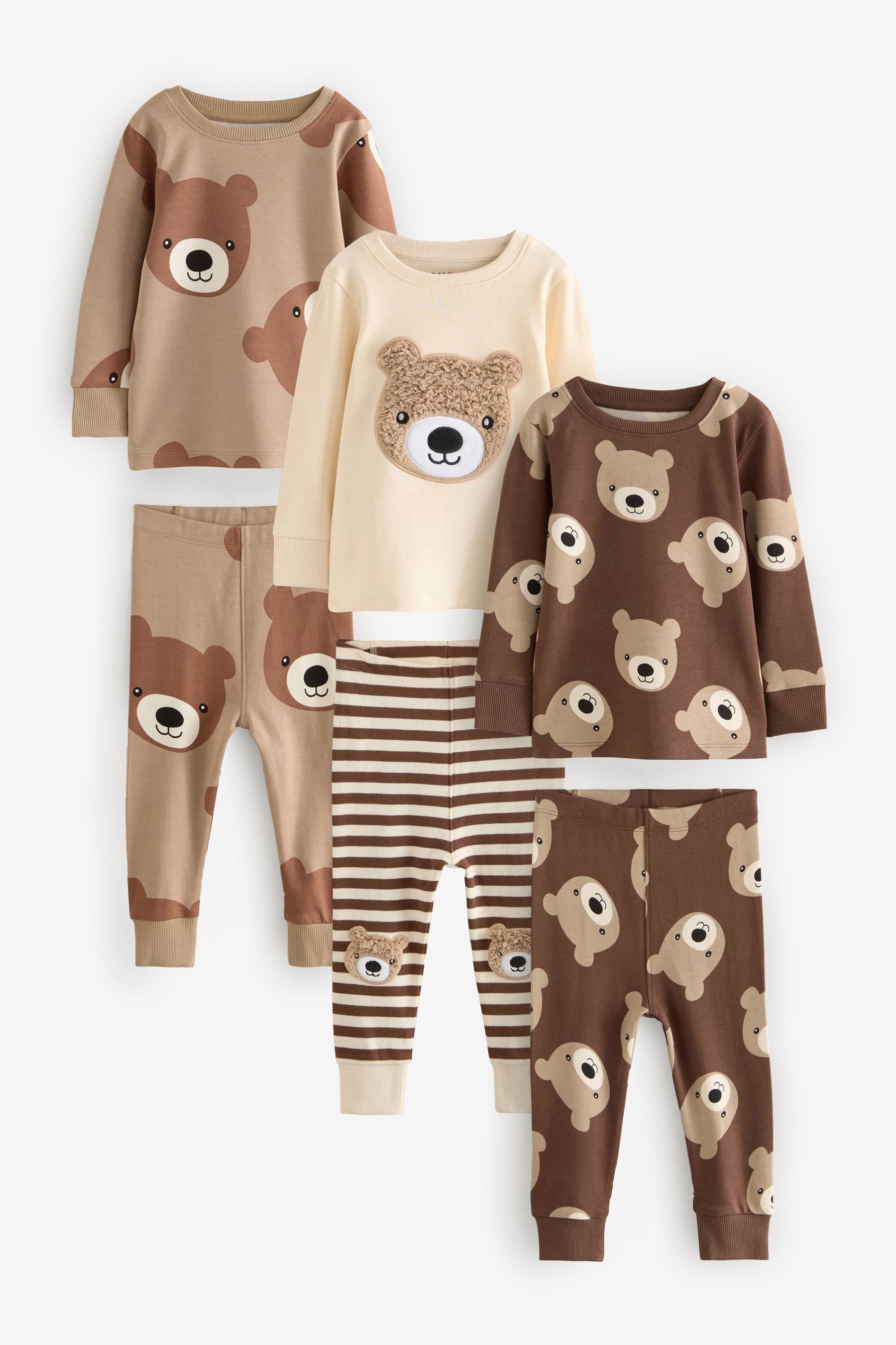 Brown/Cream 3 Pack Snuggle 100% Cotton Pyjamas (9mths-8yrs)