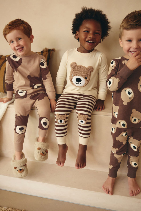 Brown/Cream 3 Pack Snuggle 100% Cotton Pyjamas (9mths-8yrs)