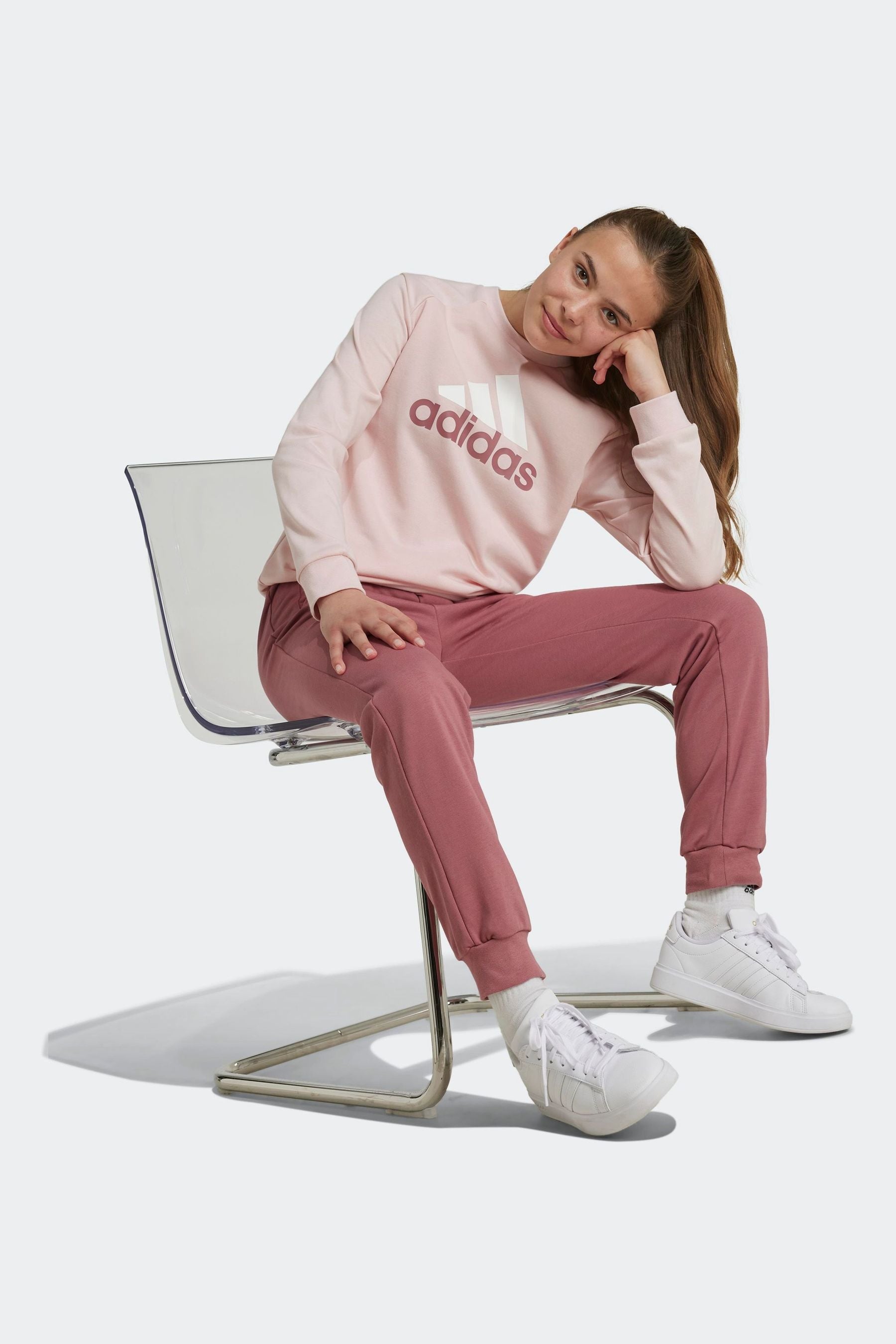 adidas Pink Kids Essentials Big Logo French Terry Joggers Set