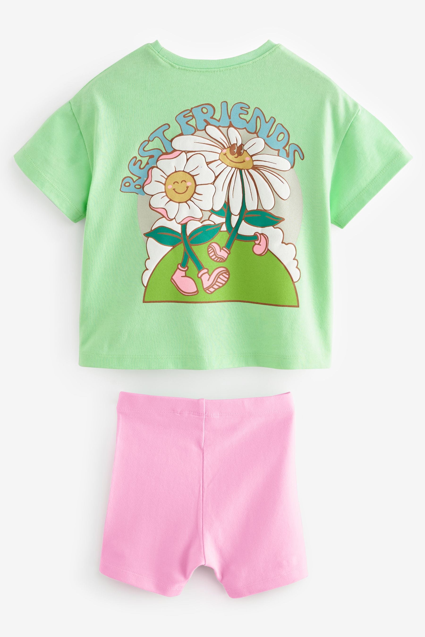 Green/Pink Flower Short Sleeve Top and Cycle Shorts Set (3mths-7yrs)