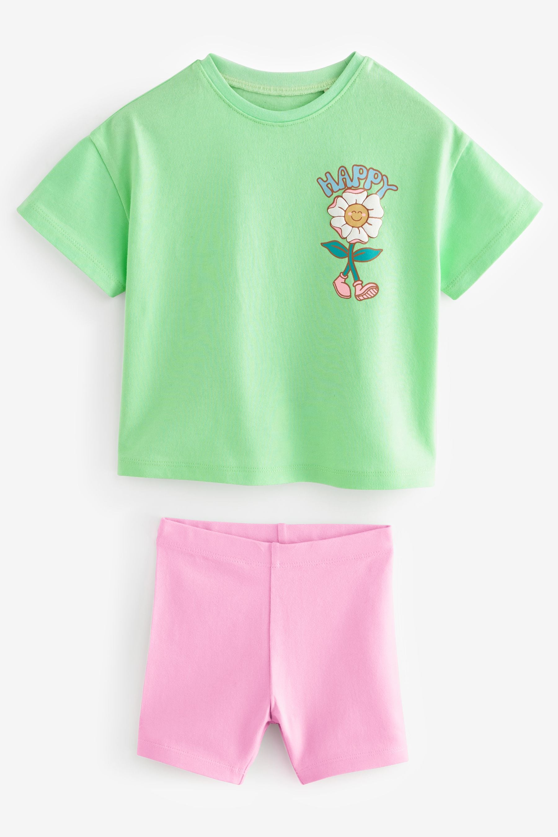 Green/Pink Flower Short Sleeve Top and Cycle Shorts Set (3mths-7yrs)