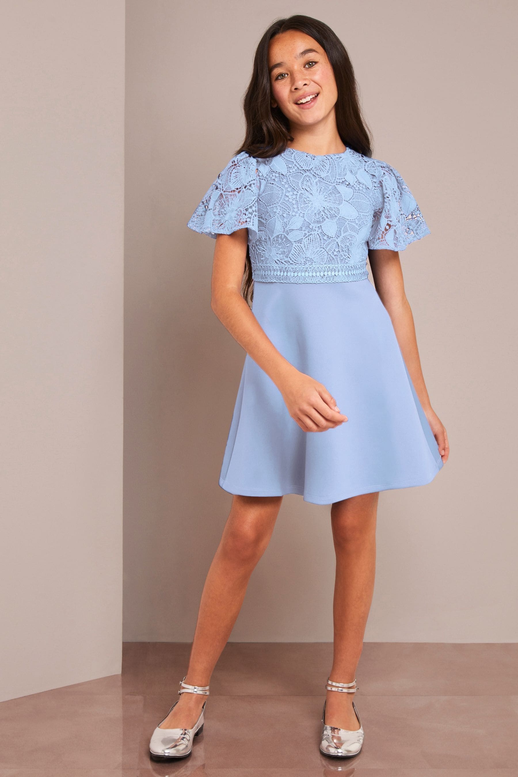 Lipsy Light Blue 2In1 Flutter Sleeve Lace Occasion Dress