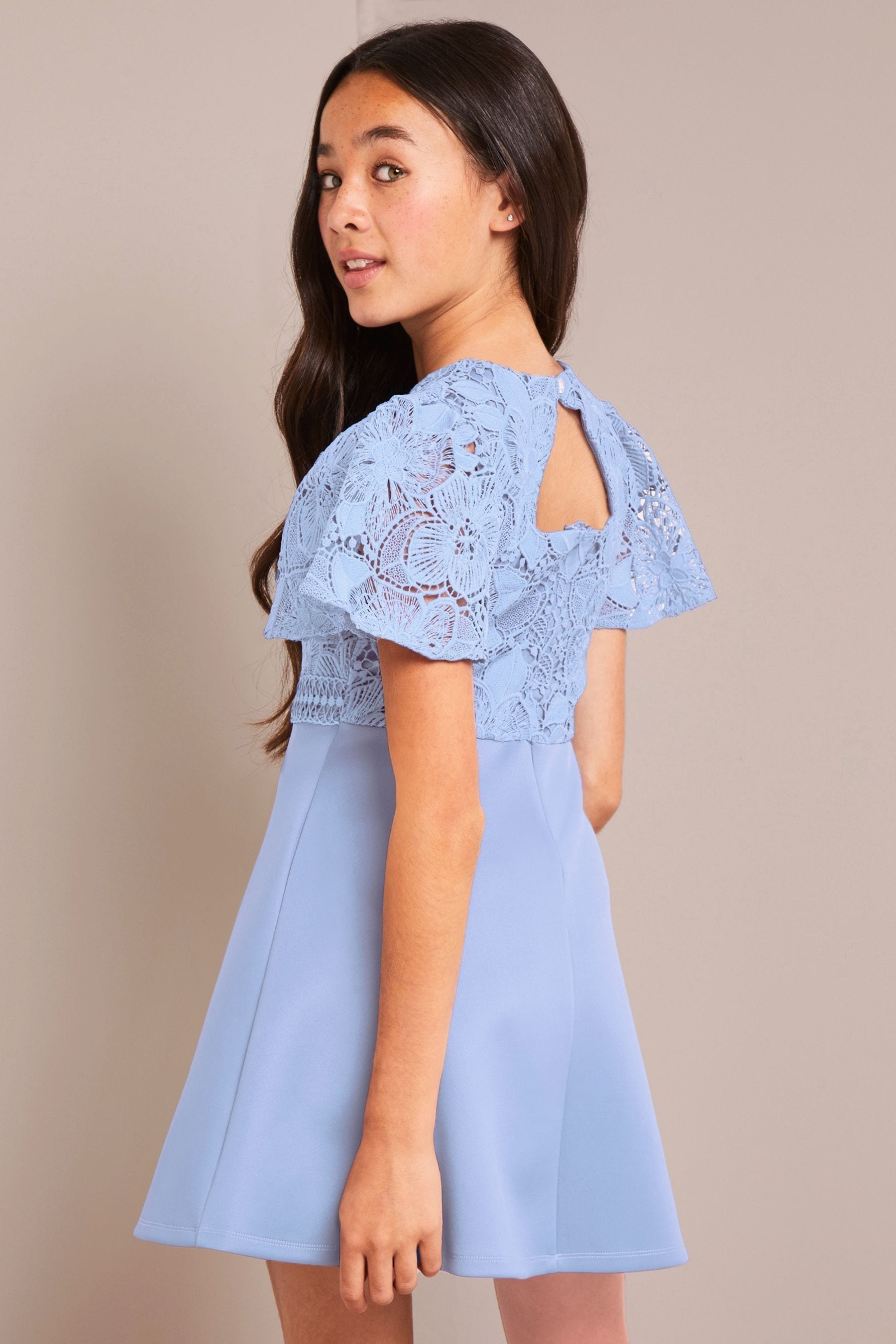 Lipsy Light Blue 2In1 Flutter Sleeve Lace Occasion Dress