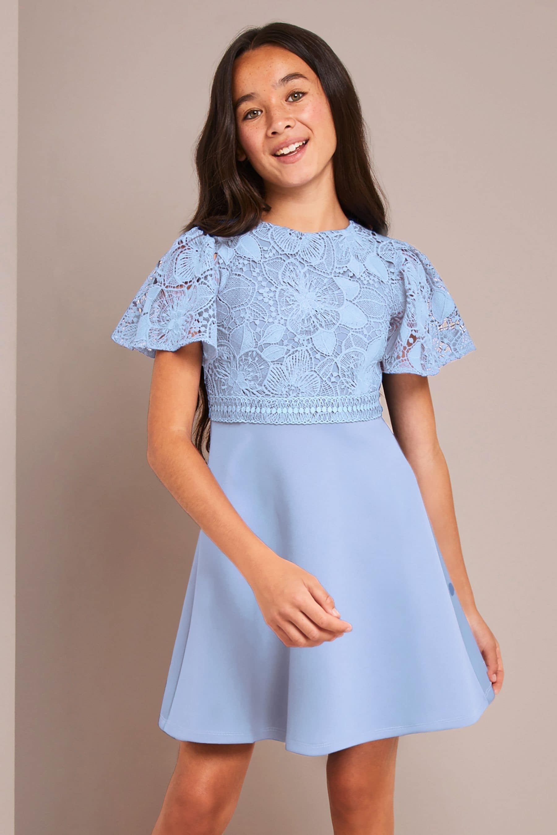 Lipsy Light Blue 2In1 Flutter Sleeve Lace Occasion Dress