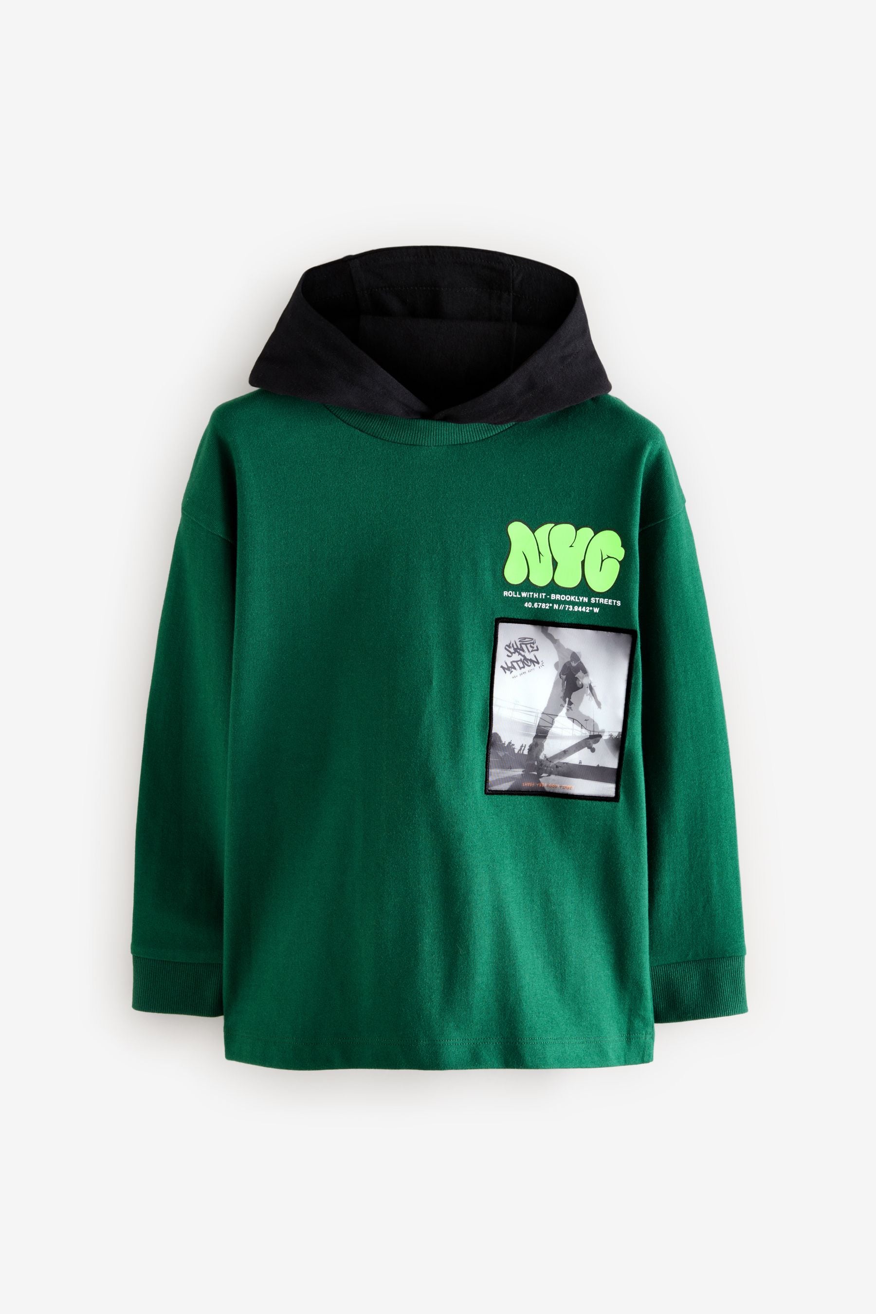 Green Hooded Long Sleeve Skate 100% Cotton T-Shirt (3-16yrs)