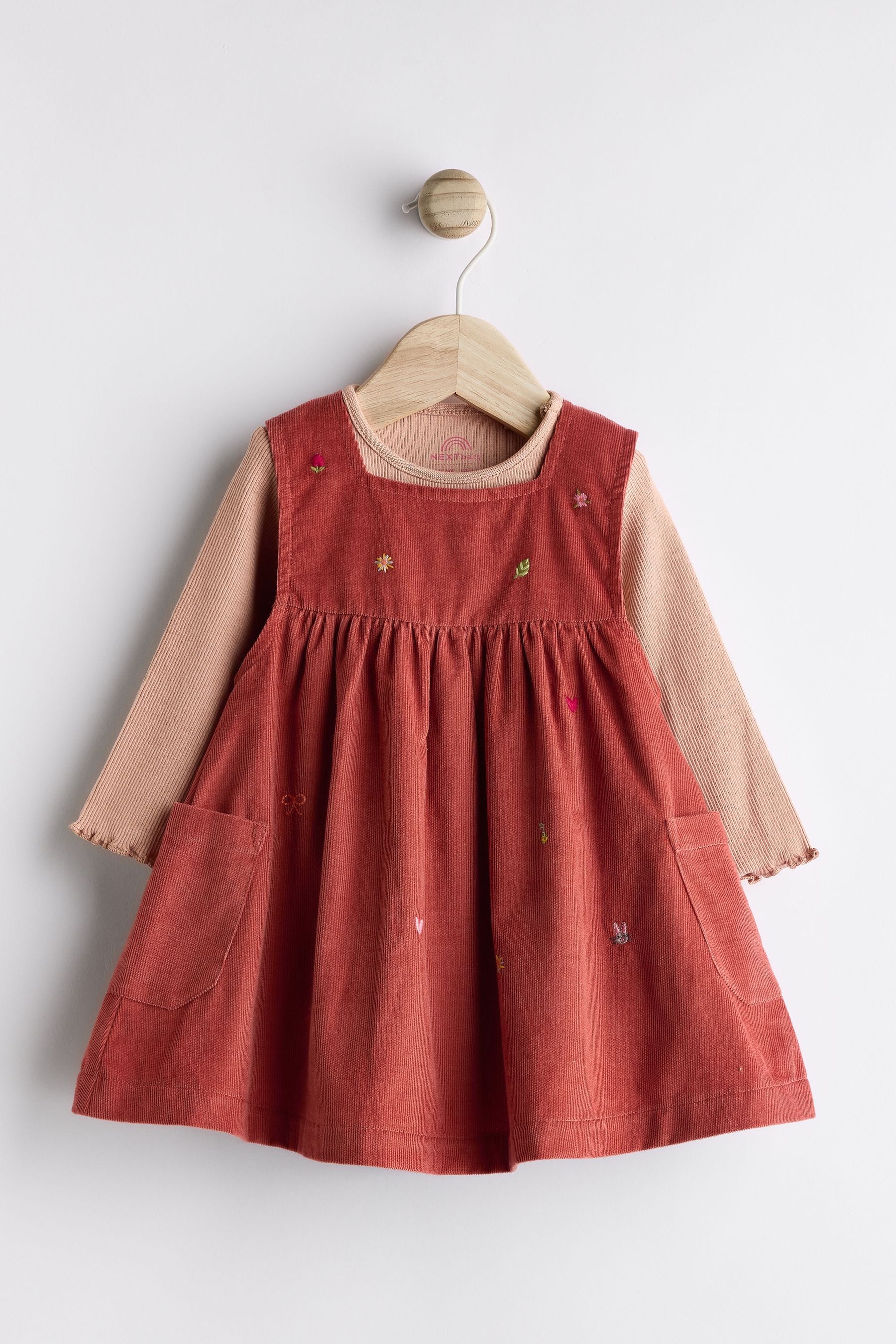 Rust Brown Embroidered Baby Corduroy Pinafore Dress With Tights (0mths-2yrs)