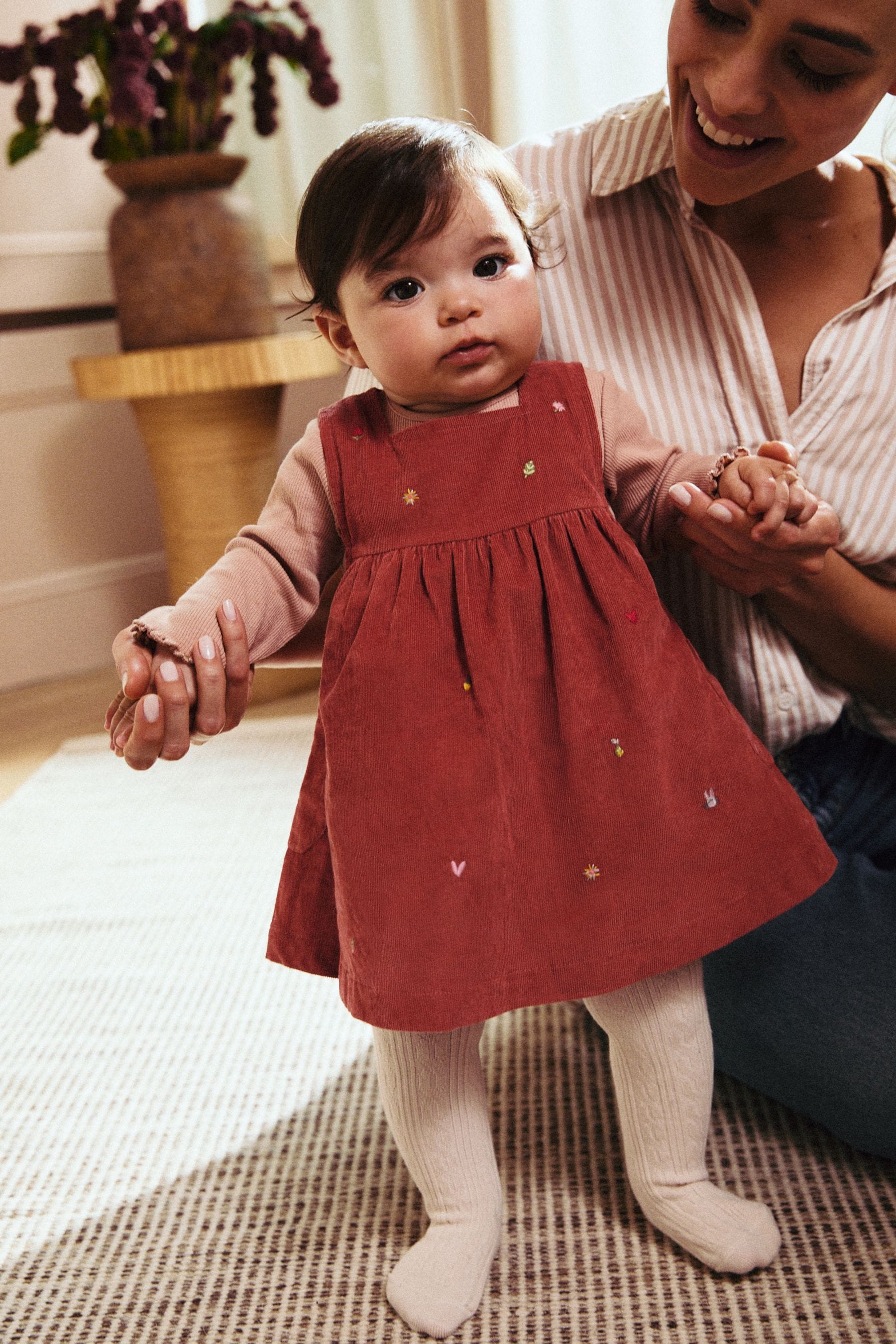 Rust Brown Embroidered Baby Corduroy Pinafore Dress With Tights (0mths-2yrs)