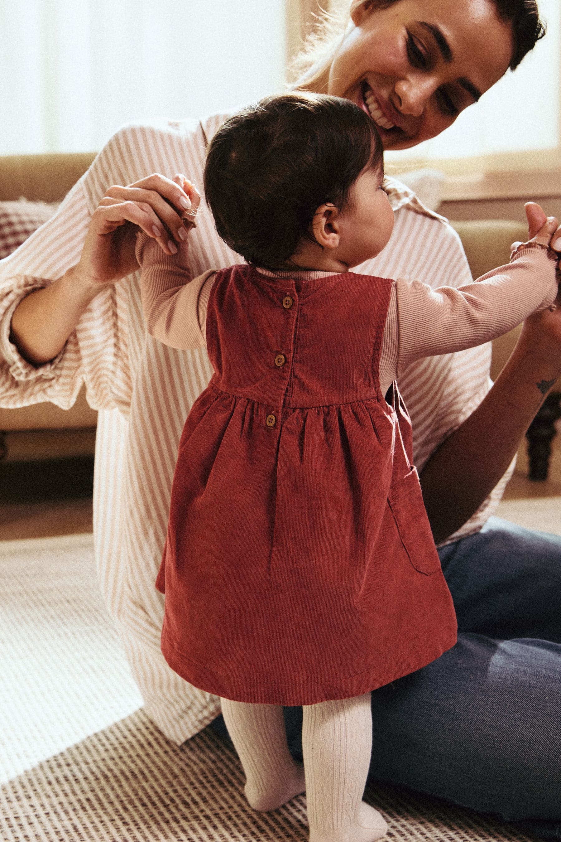 Rust Brown Embroidered Baby Corduroy Pinafore Dress With Tights (0mths-2yrs)