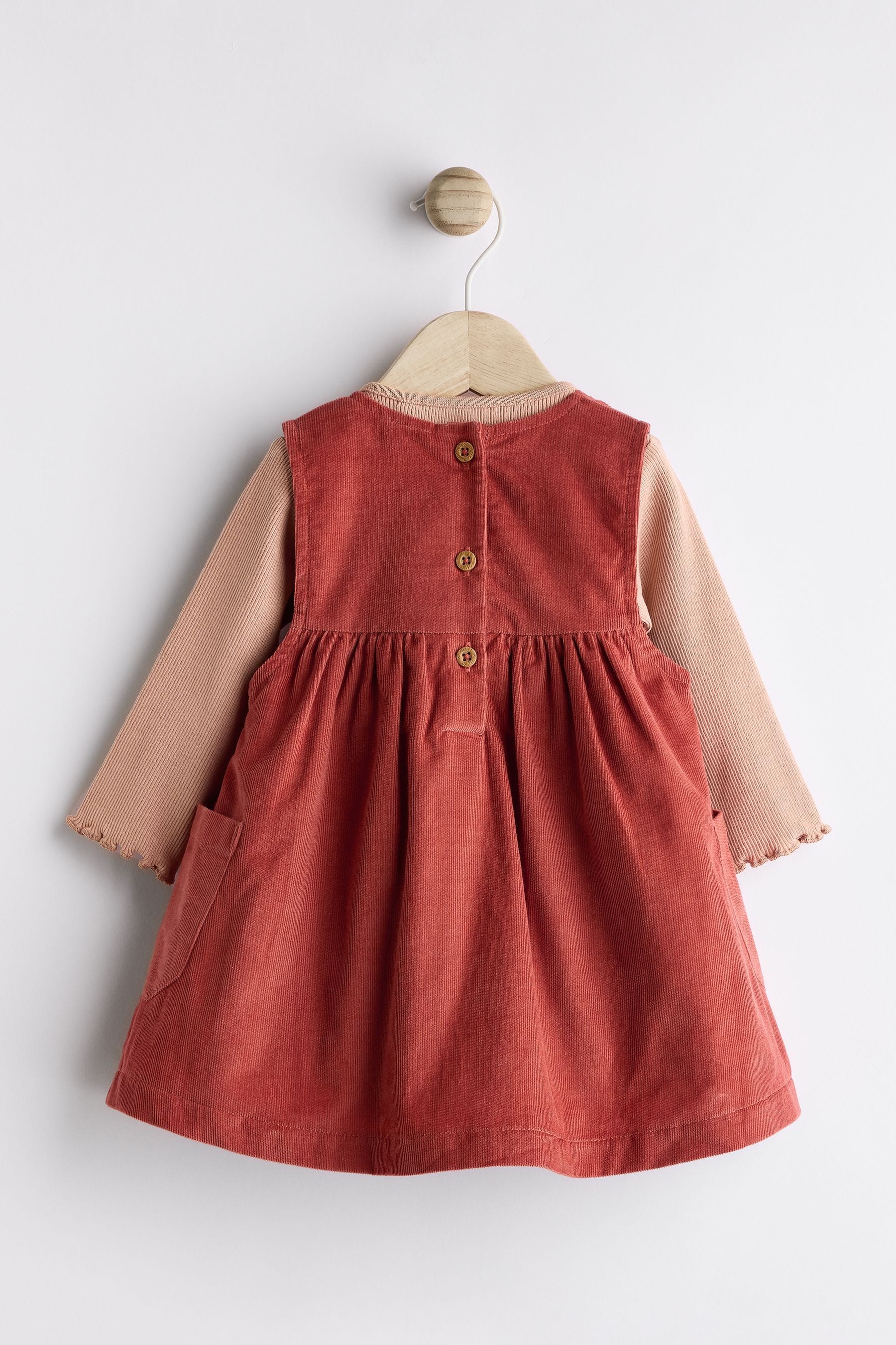 Rust Brown Embroidered Baby Corduroy Pinafore Dress With Tights (0mths-2yrs)