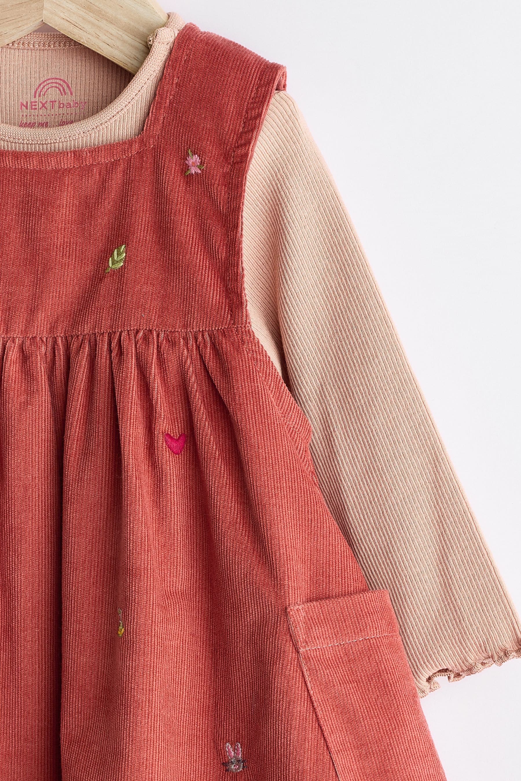 Rust Brown Embroidered Baby Corduroy Pinafore Dress With Tights (0mths-2yrs)