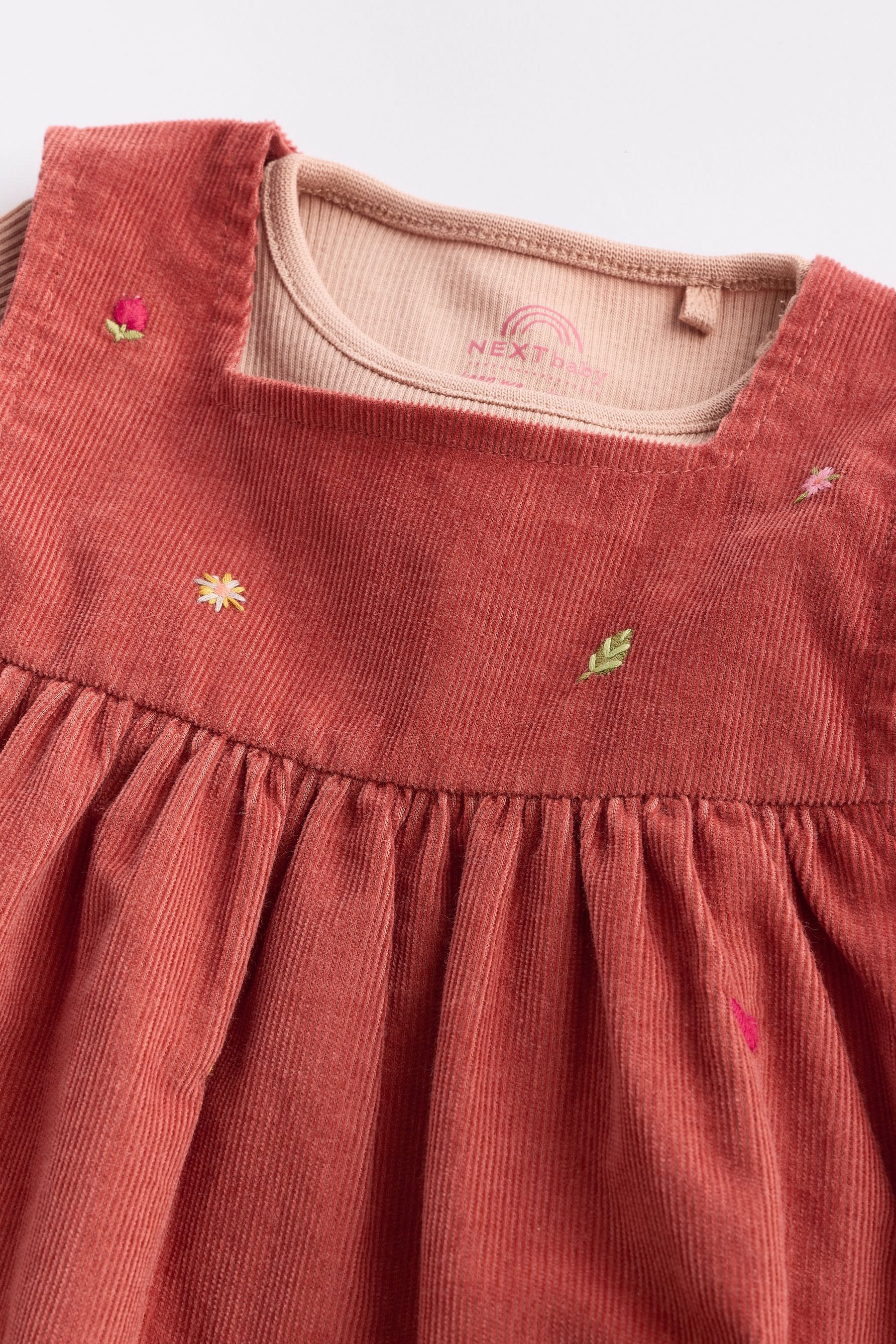 Rust Brown Embroidered Baby Corduroy Pinafore Dress With Tights (0mths-2yrs)