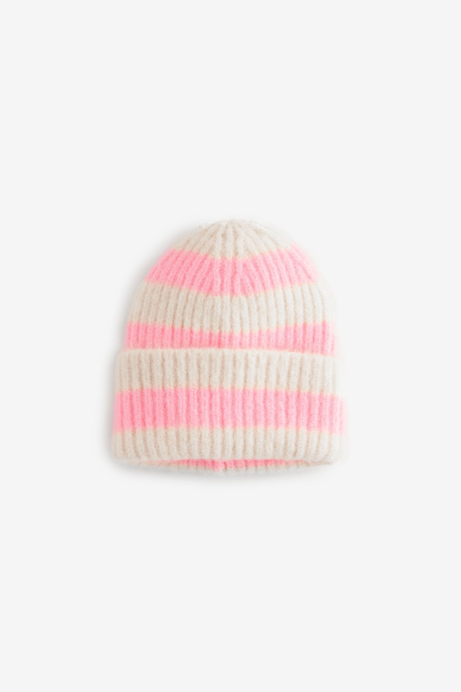 Ecru Cream/Pink Stripe Rib Beanie Hat (1-16yrs)