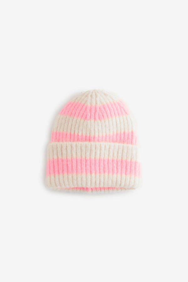 Ecru Cream/Pink Stripe Rib Beanie Hat (1-16yrs)