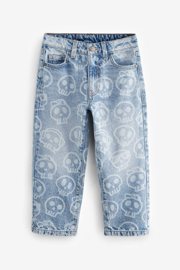 Blue All-Over Skull Denim 100% Cotton Jeans (3-16yrs)