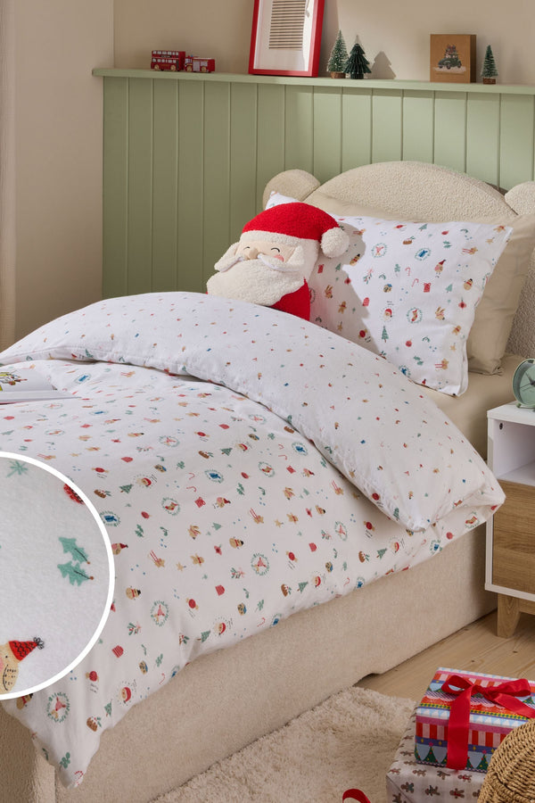 White Brushed Santa Icon Christmas Duvet Cover and Pillowcase Set