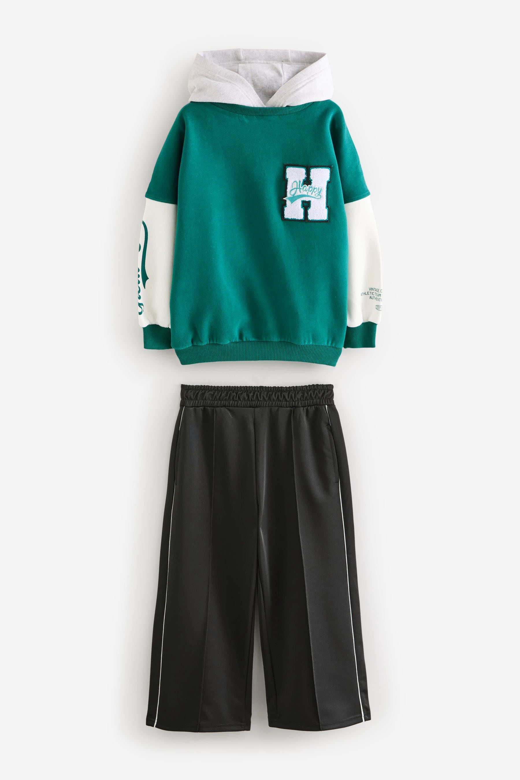 Green Varsity Hoodie And Wide Leg Trousers Set (3-16yrs)