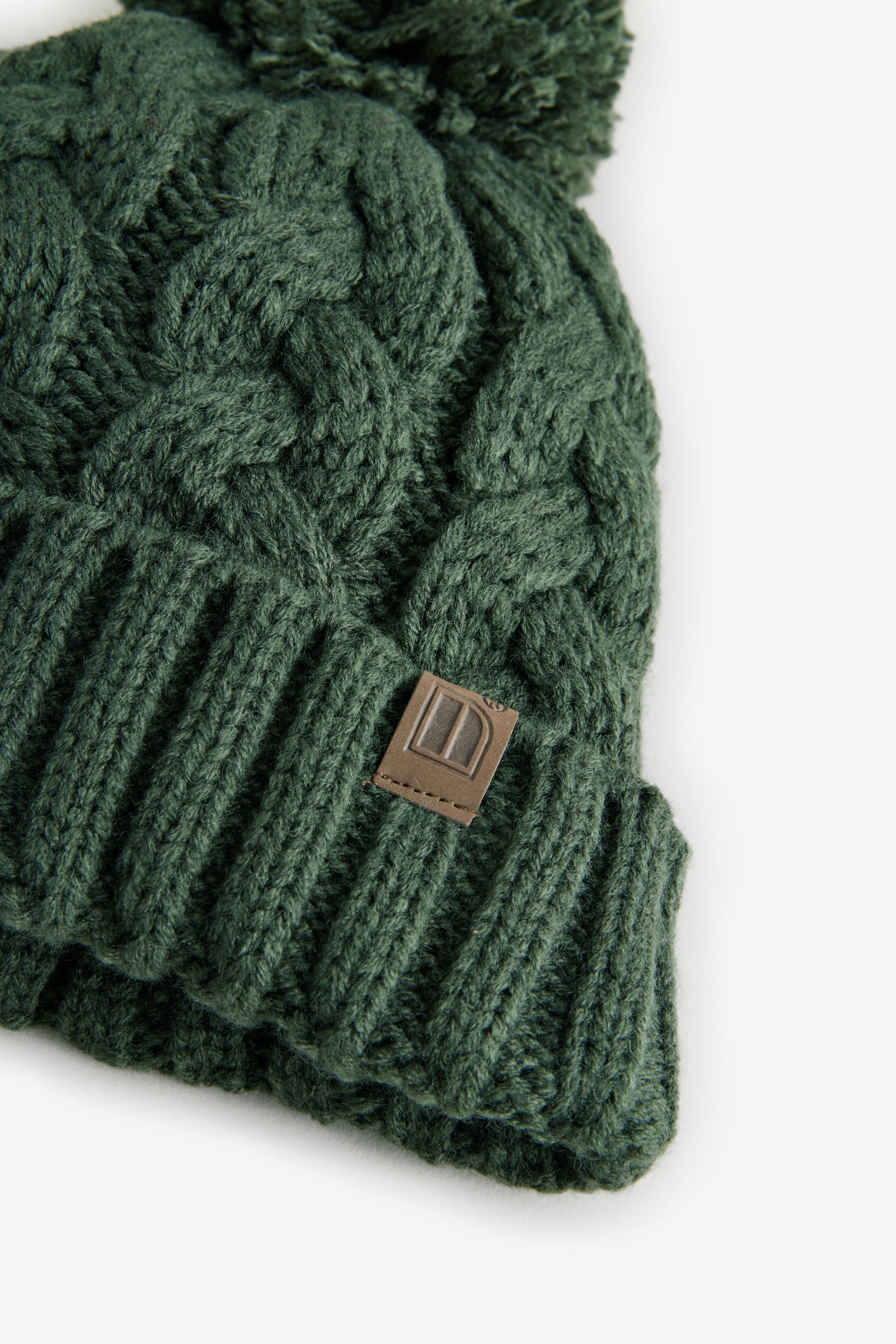 Khaki Green Cable Knit Pom Hat (1-16yrs)