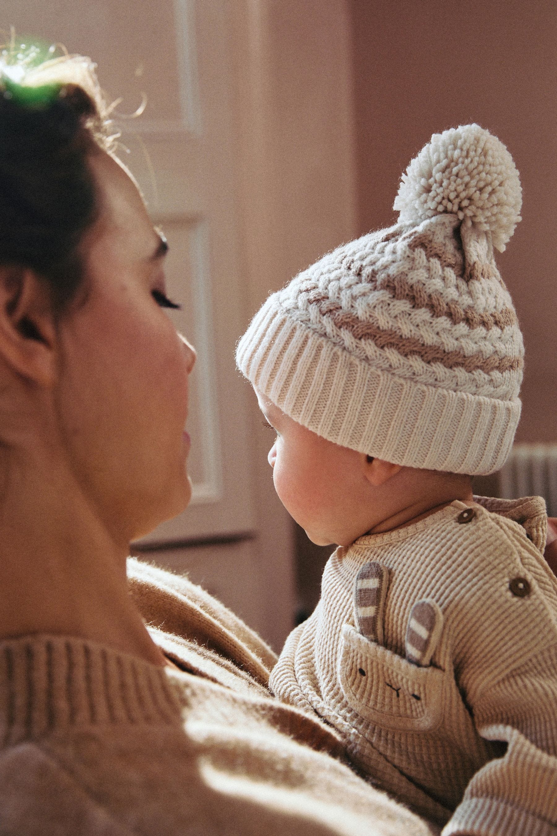 Neutral Stripe Baby Knitted Pom Hat