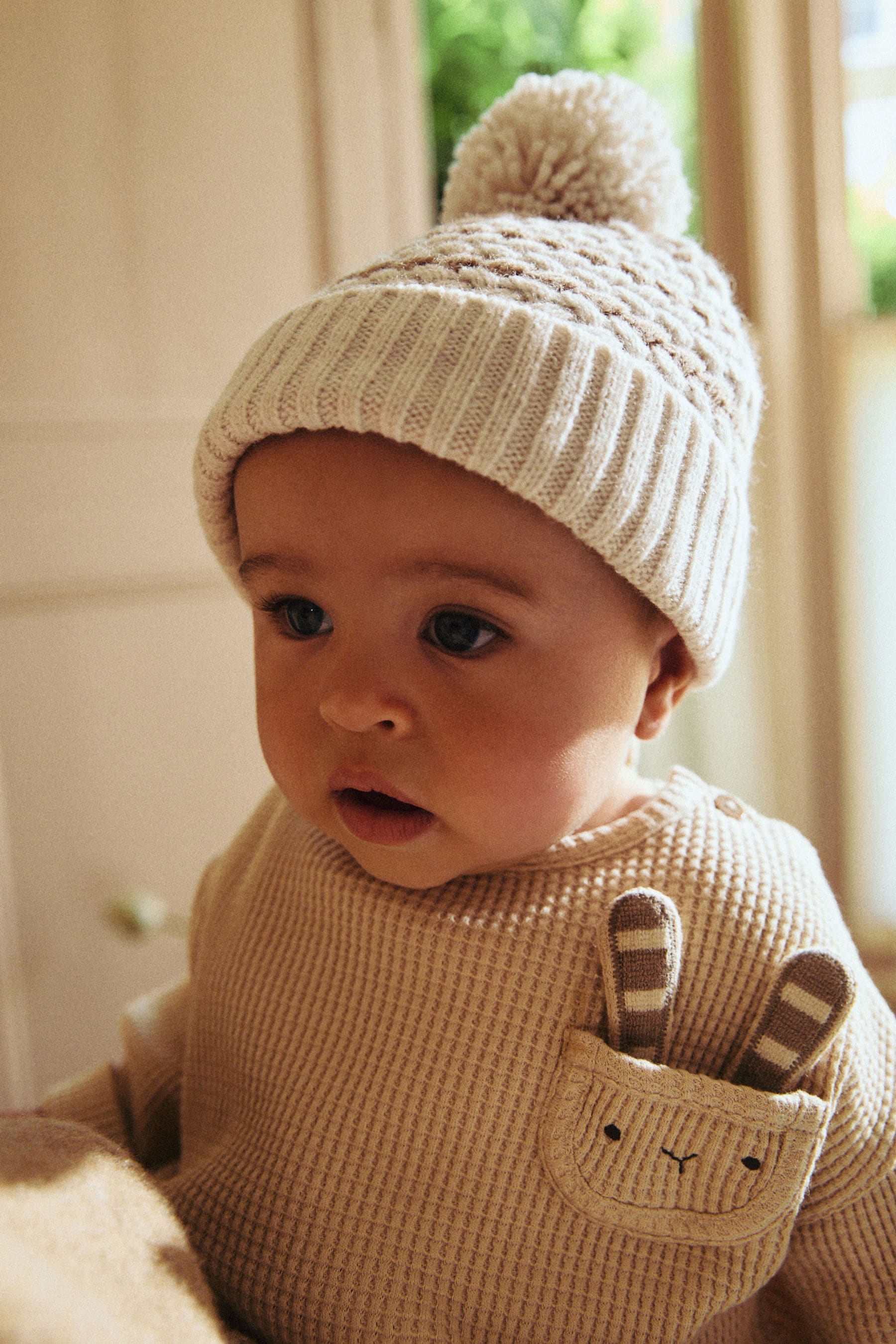 Neutral Stripe Baby Knitted Pom Hat