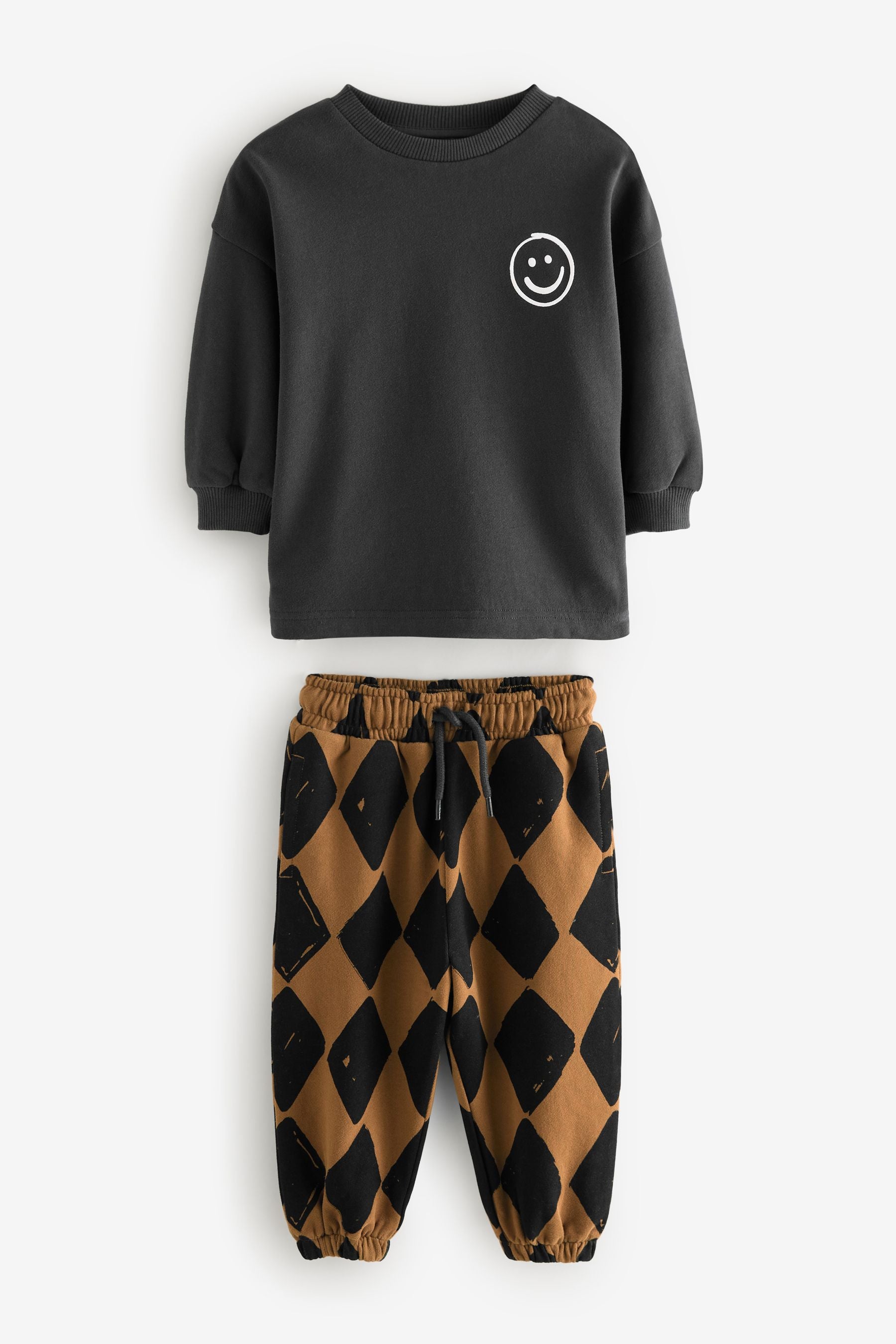 Black/Brown Harlequin 100% Cotton Sweatshirt and Patterned Joggers Set (3mths-7yrs)